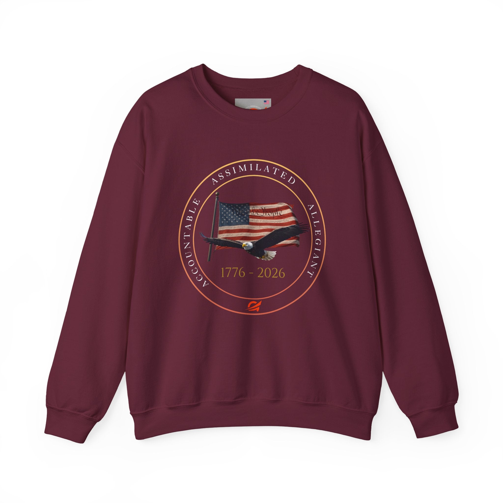 250 Grateful Seal Crewneck Sweatshirt — Retro American Flag '1776–2026' Circle Emblem with 'Live Grateful' Back