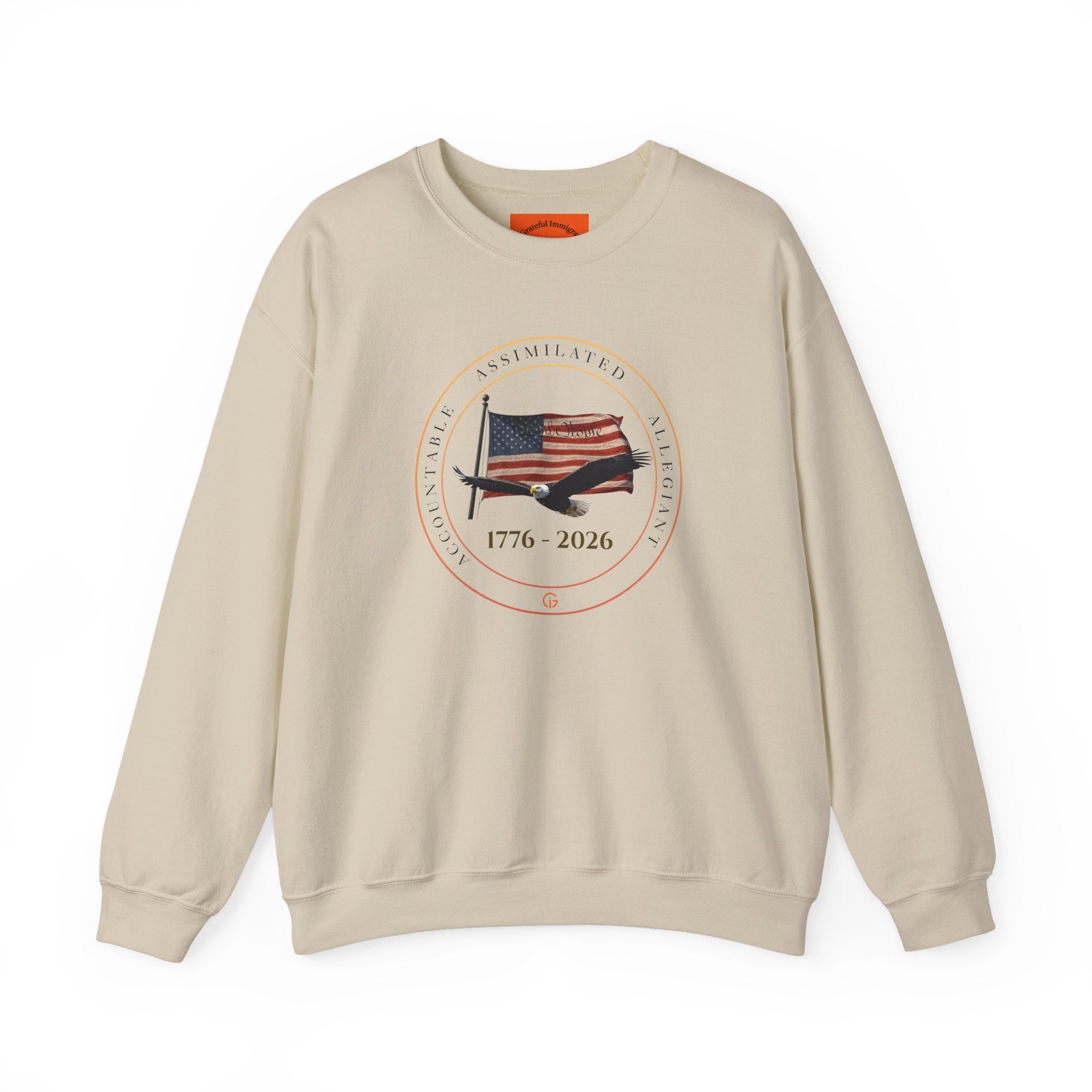 250 Grateful Crewneck Sweatshirt Blk Txt — Retro American Flag '1776–2026' Circle Emblem with 'Live Grateful' Back