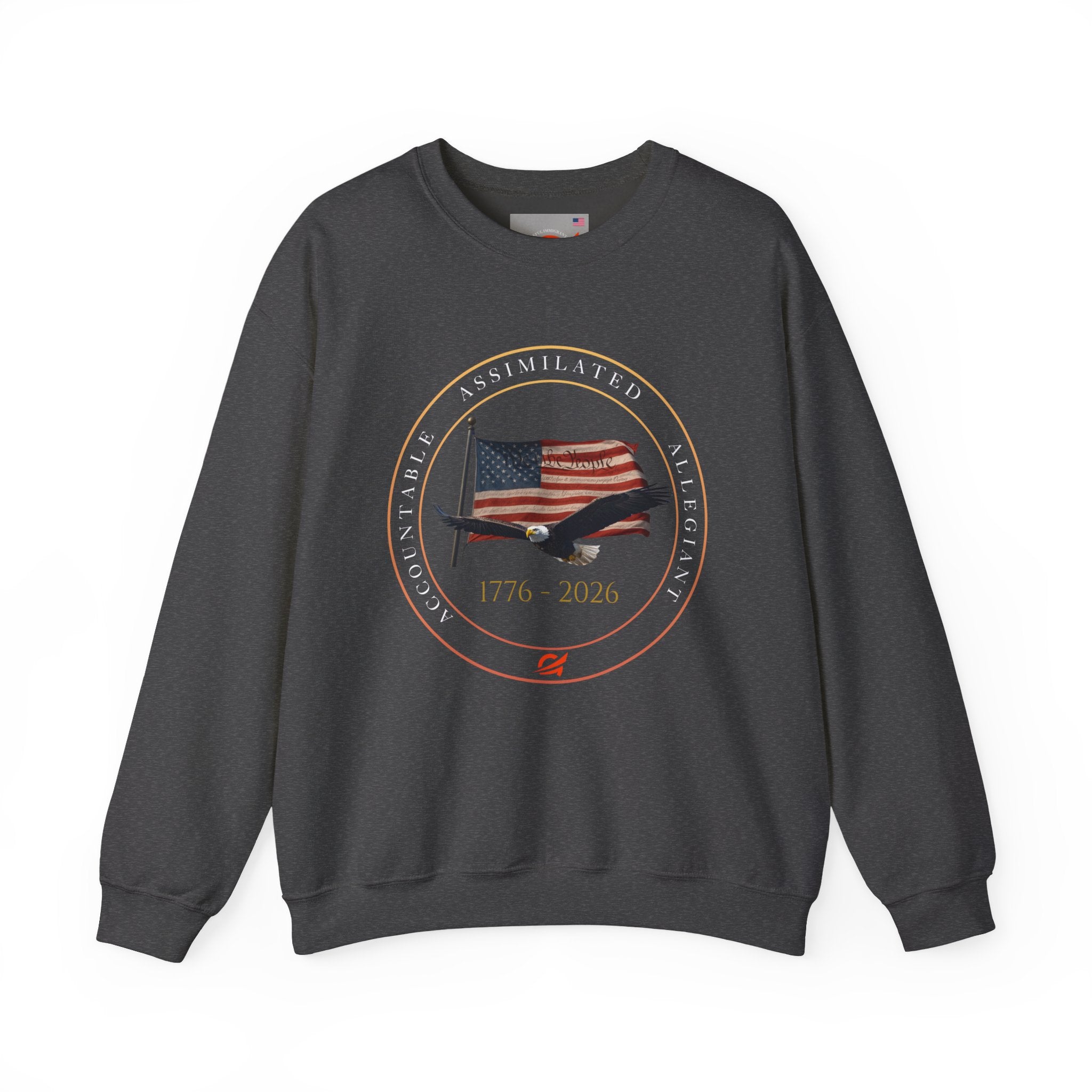250 Grateful Seal Crewneck Sweatshirt — Retro American Flag '1776–2026' Circle Emblem with 'Live Grateful' Back