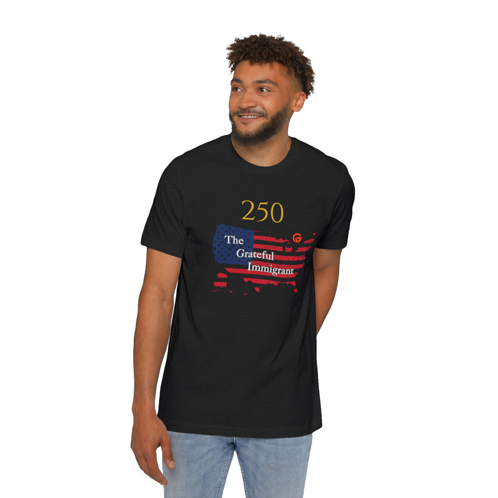Patriotic USA Map T-Shirt — "250" Flag Design with “Live Grateful” Back