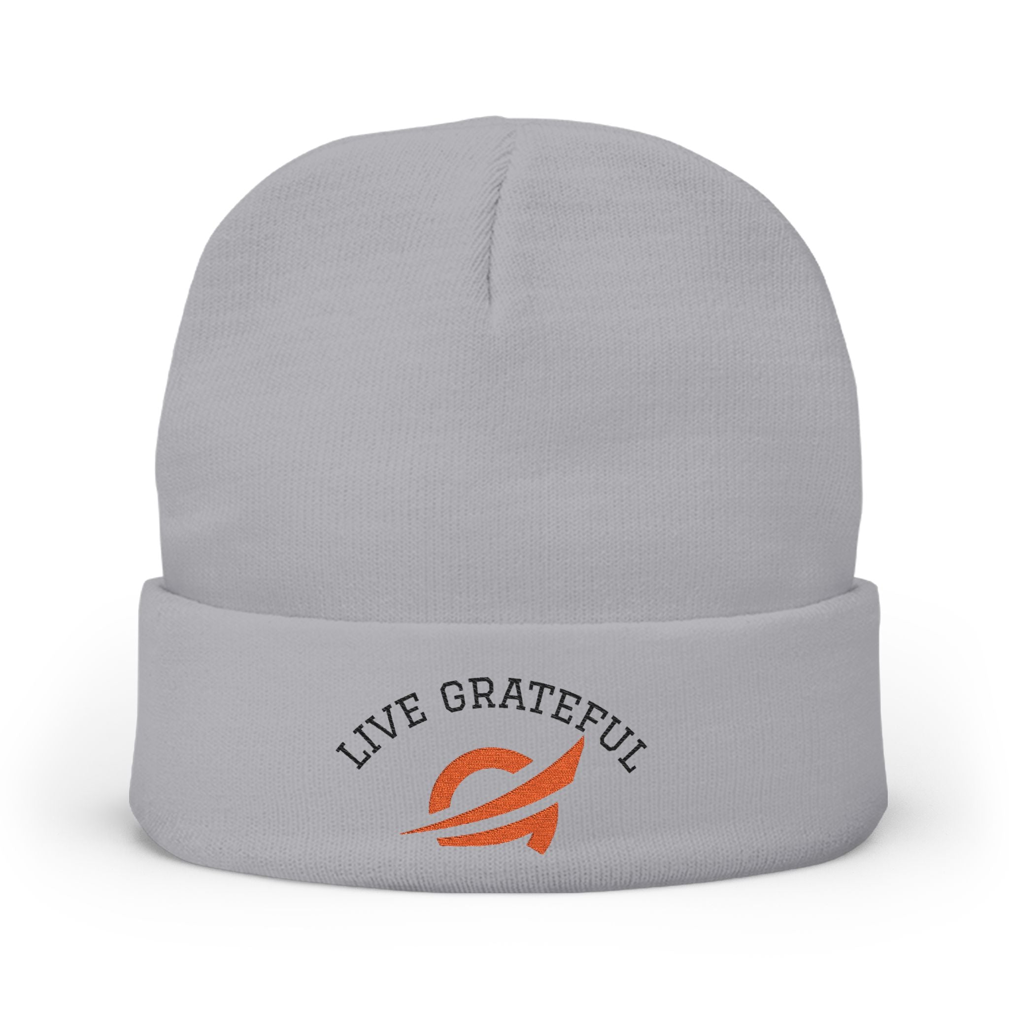 Live Grateful Embroidered Beanie — Cozy Knit Hat with Positive Message