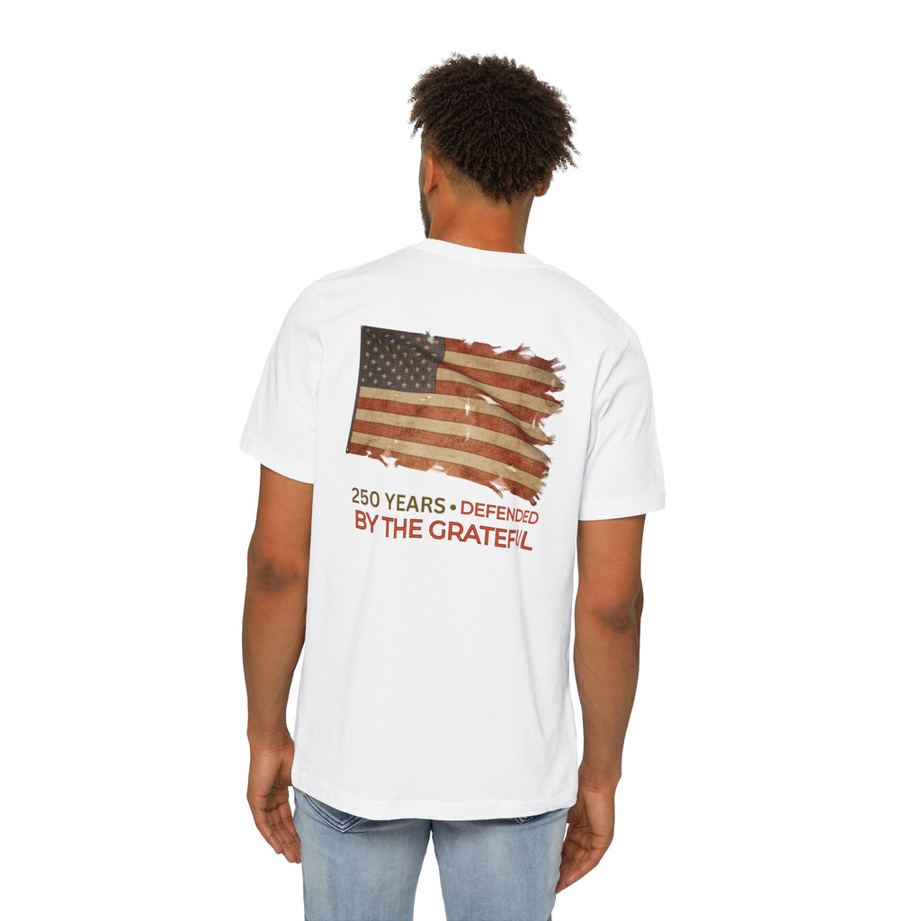Patriotic T-Shirt — Vintage American Flag "250 Years — Defended by the Grateful"