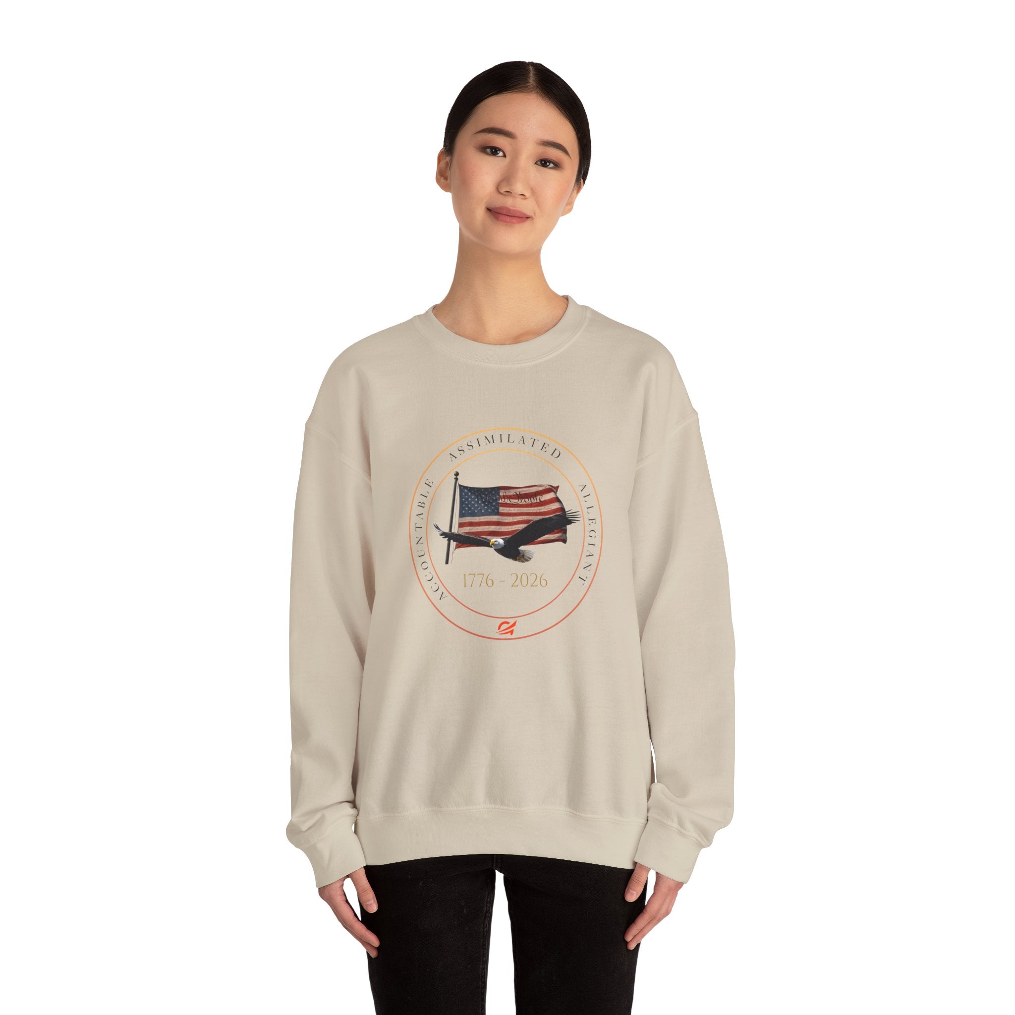 250 Grateful Seal Crewneck Sweatshirt Blk Txt — Retro American Flag '1776–2026' Circle Emblem with 'Live Grateful' Back