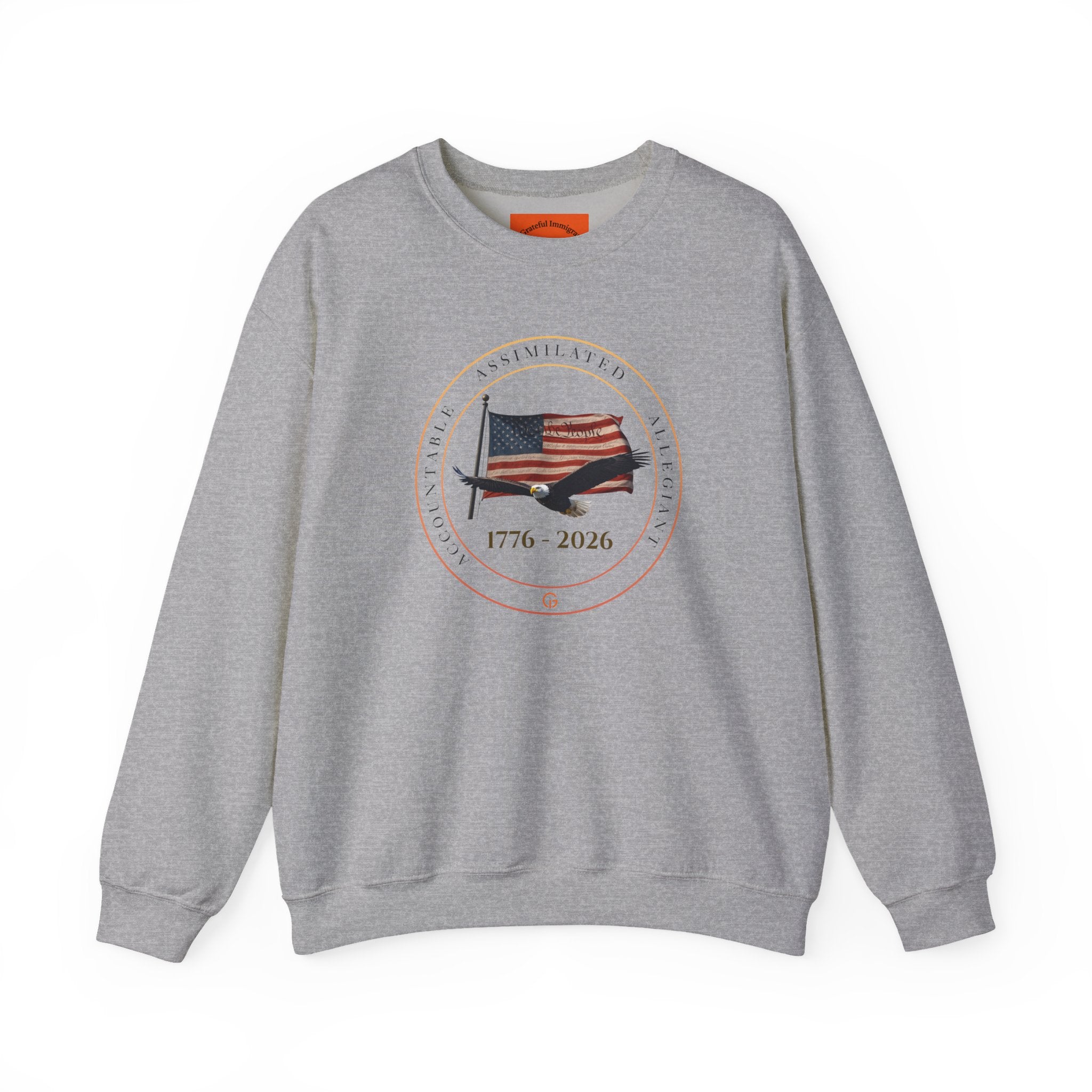 250 Grateful Crewneck Sweatshirt Blk Txt — Retro American Flag '1776–2026' Circle Emblem with 'Live Grateful' Back