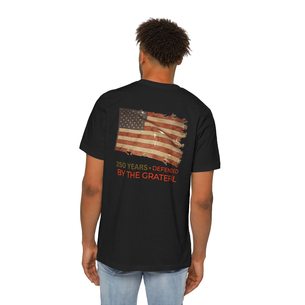 Patriotic T-Shirt — Vintage American Flag "250 Years — Defended by the Grateful"