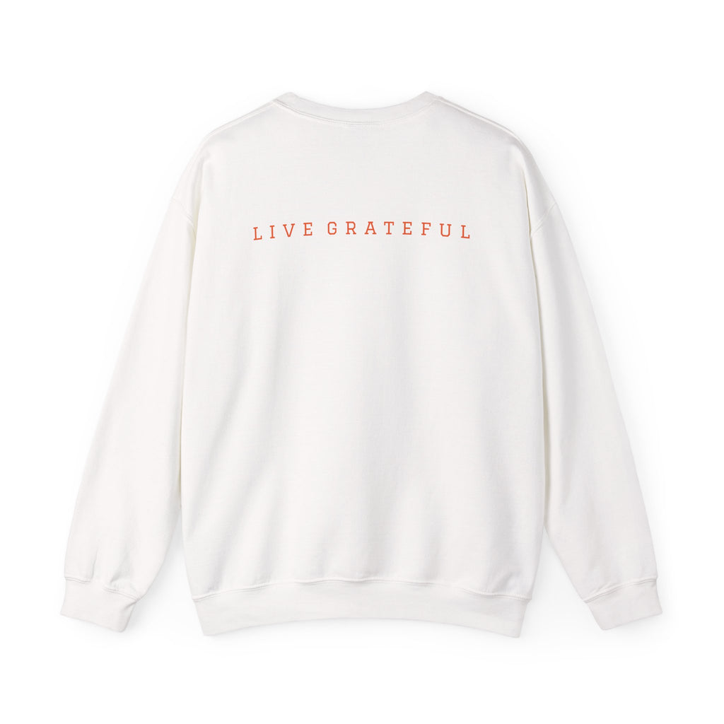 250 Grateful Seal Crewneck Sweatshirt Blk Txt — Retro American Flag '1776–2026' Circle Emblem with 'Live Grateful' Back