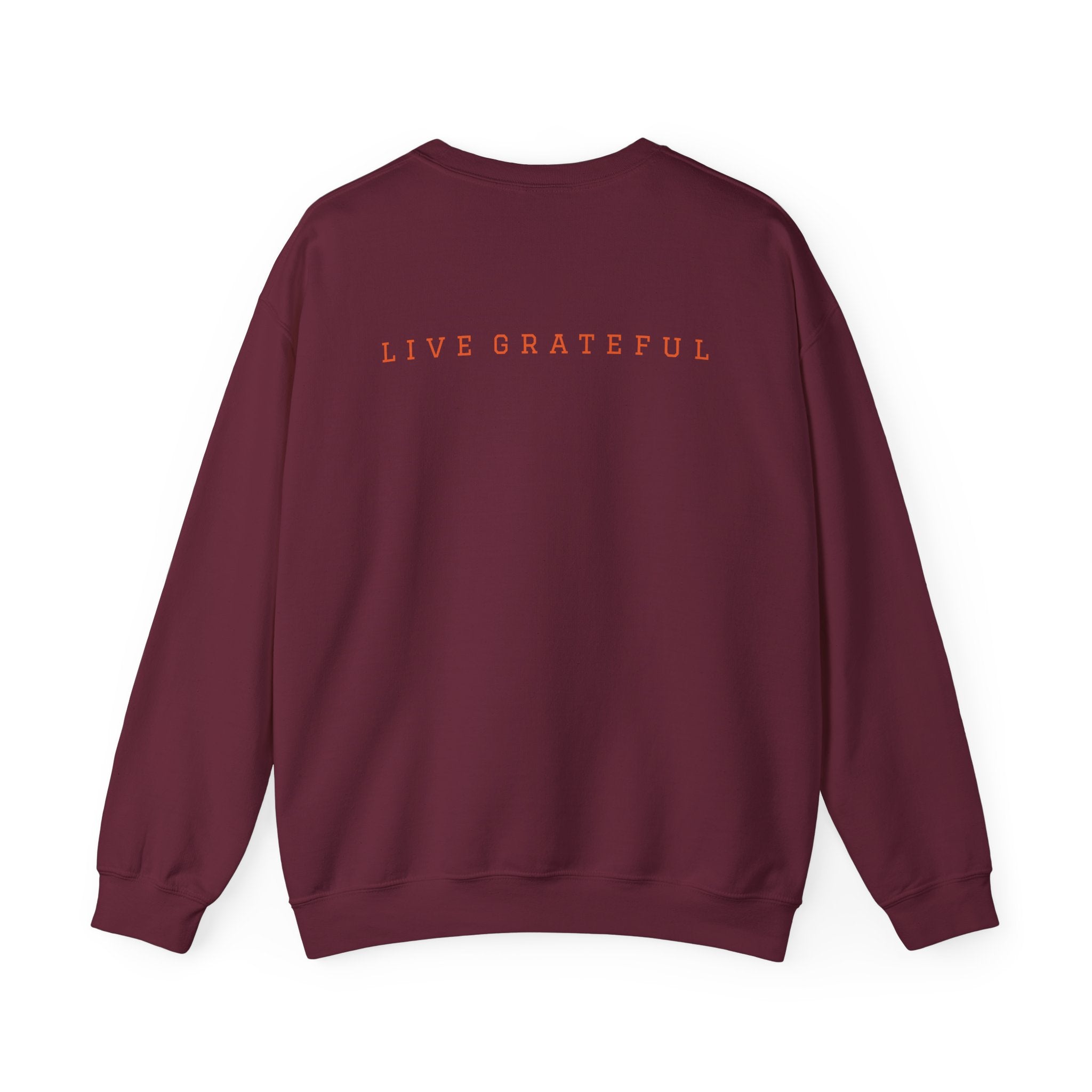 250 Grateful Seal Crewneck Sweatshirt — Retro American Flag '1776–2026' Circle Emblem with 'Live Grateful' Back
