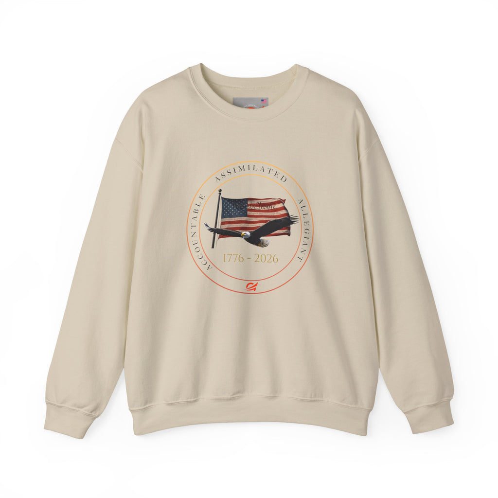 250 Grateful Seal Crewneck Sweatshirt Blk Txt — Retro American Flag '1776–2026' Circle Emblem with 'Live Grateful' Back