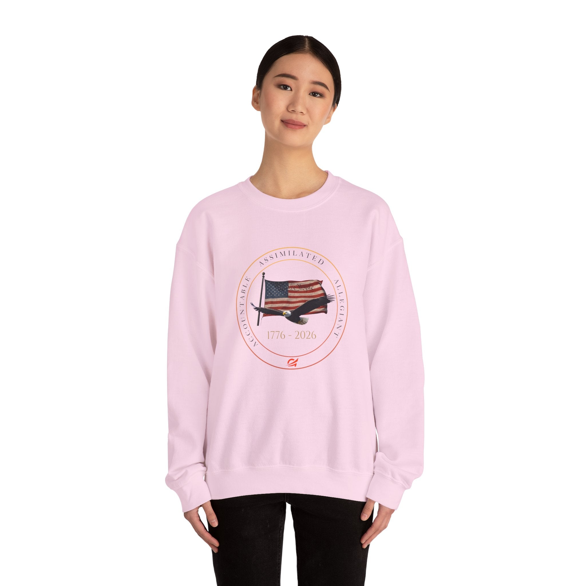 250 Grateful Seal Crewneck Sweatshirt Blk Txt — Retro American Flag '1776–2026' Circle Emblem with 'Live Grateful' Back