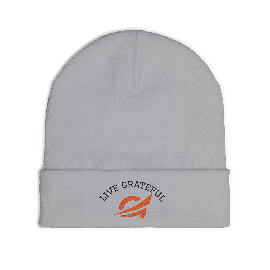 Live Grateful Embroidered Beanie — Cozy Knit Hat with Positive Message