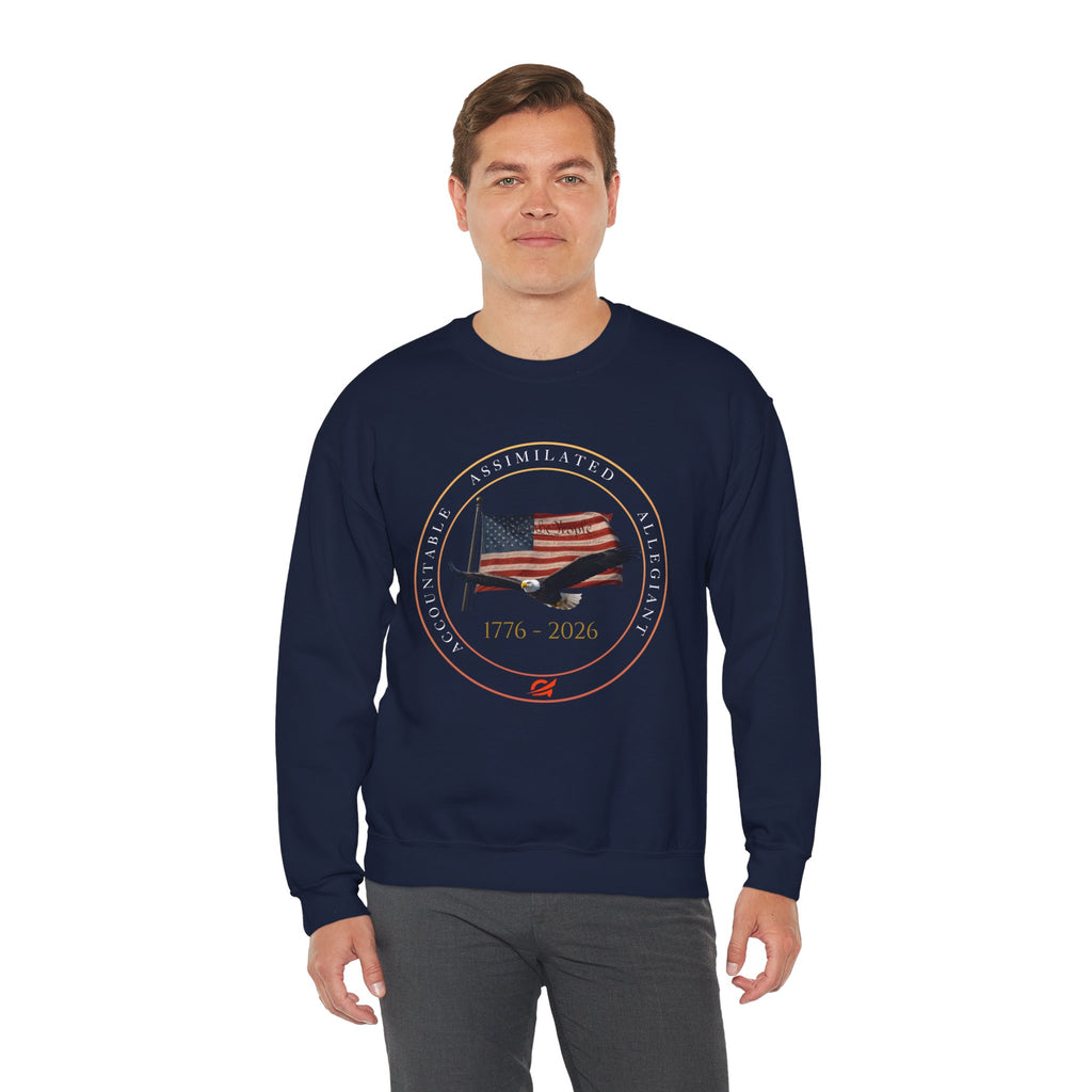 250 Grateful Seal Crewneck Sweatshirt — Retro American Flag '1776–2026' Circle Emblem with 'Live Grateful' Back