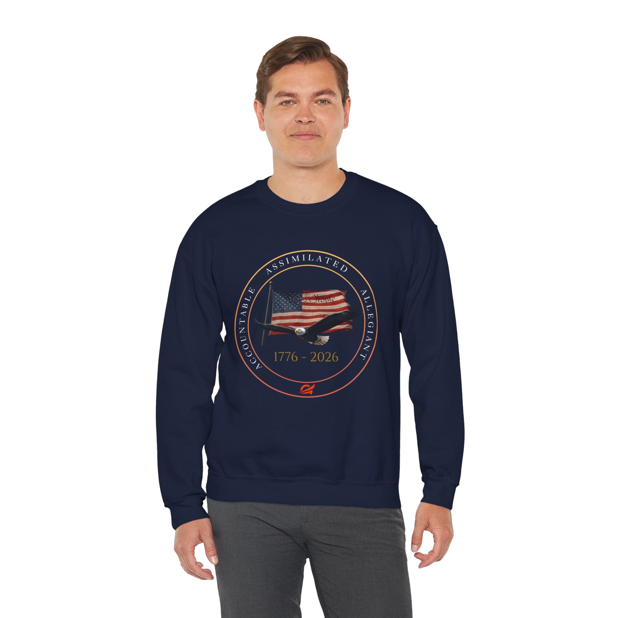 250 Grateful Seal Crewneck Sweatshirt — Retro American Flag '1776–2026' Circle Emblem with 'Live Grateful' Back
