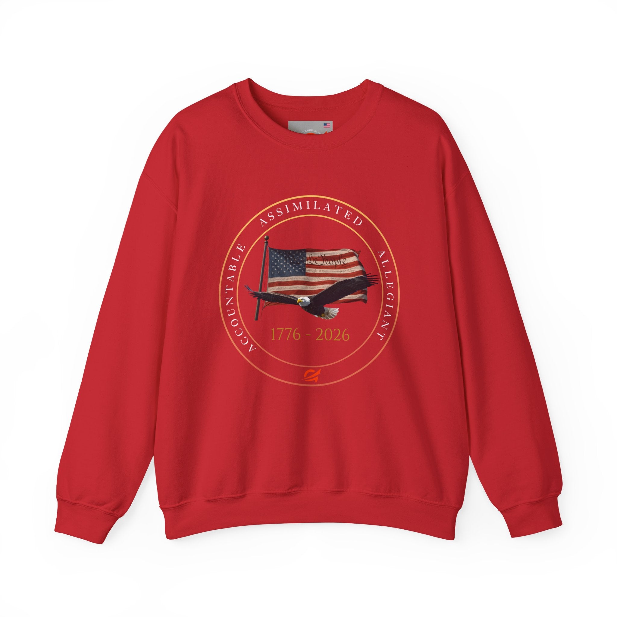 250 Grateful Seal Crewneck Sweatshirt — Retro American Flag '1776–2026' Circle Emblem with 'Live Grateful' Back