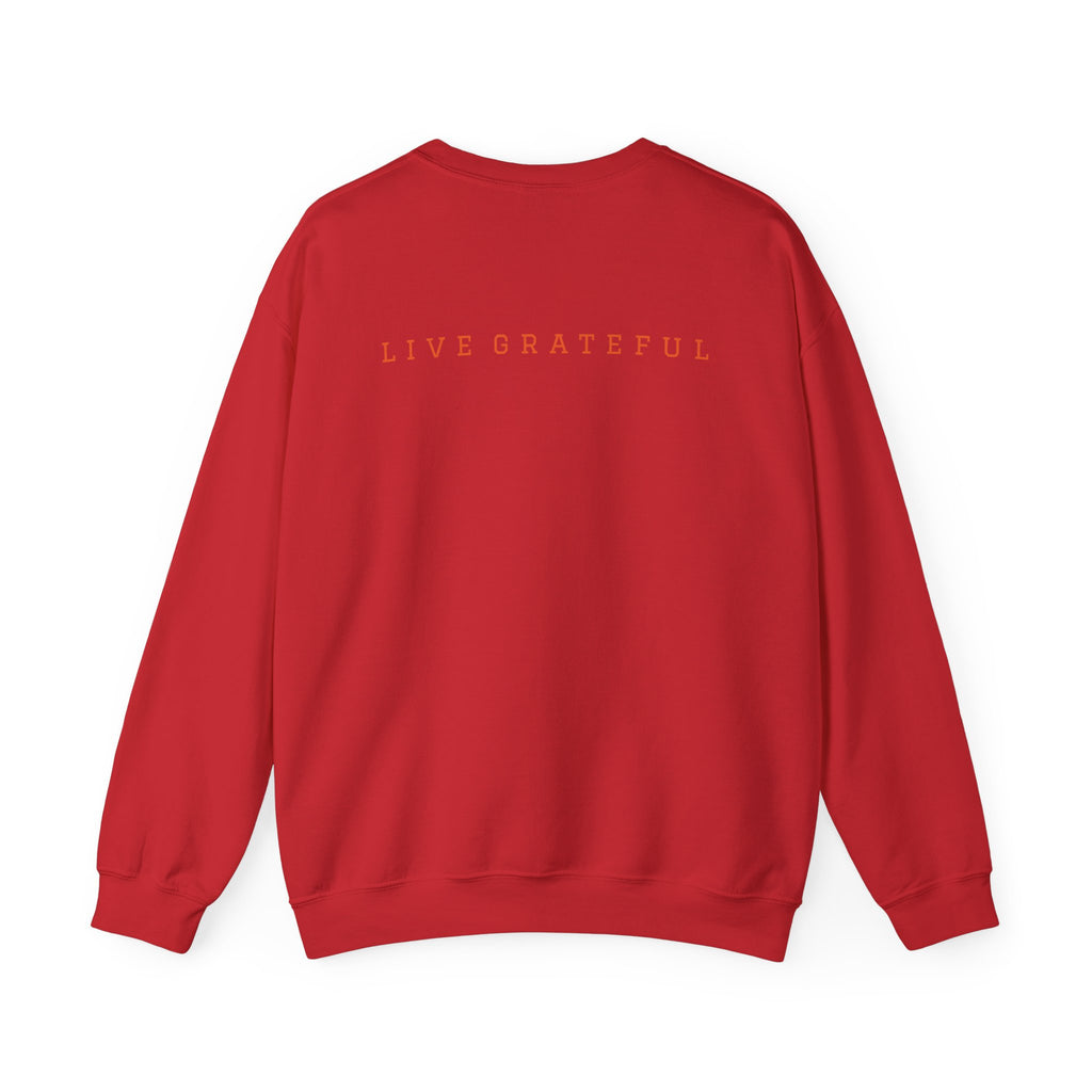 250 Grateful Seal Crewneck Sweatshirt — Retro American Flag '1776–2026' Circle Emblem with 'Live Grateful' Back