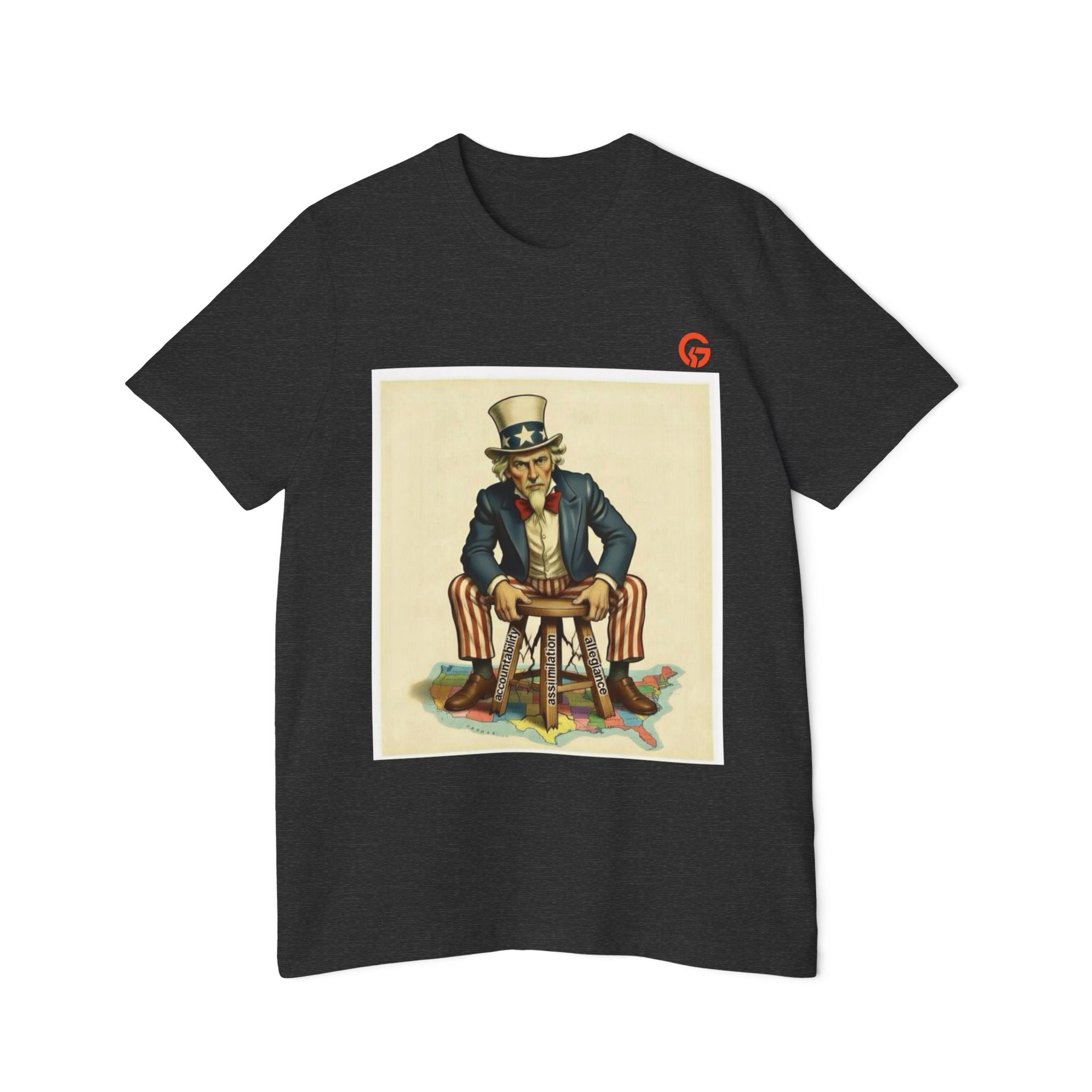 USA-Made Uncle Sam on Cracking Stool of Accountability - Assimilation - Allegiance