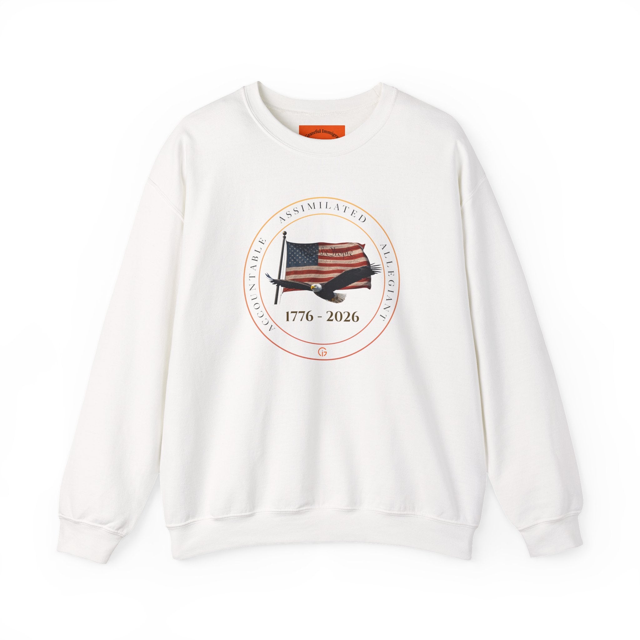 250 Grateful Crewneck Sweatshirt Blk Txt — Retro American Flag '1776–2026' Circle Emblem with 'Live Grateful' Back