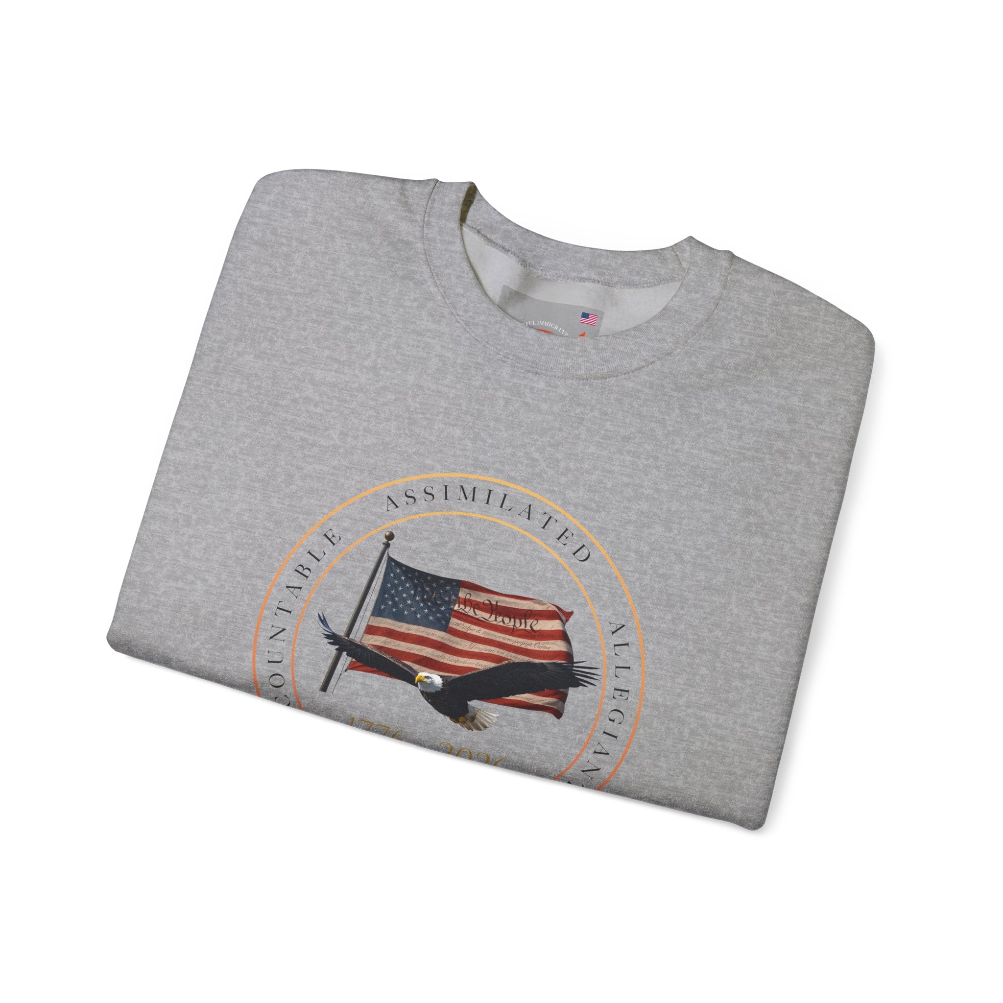 250 Grateful Seal Crewneck Sweatshirt Blk Txt — Retro American Flag '1776–2026' Circle Emblem with 'Live Grateful' Back