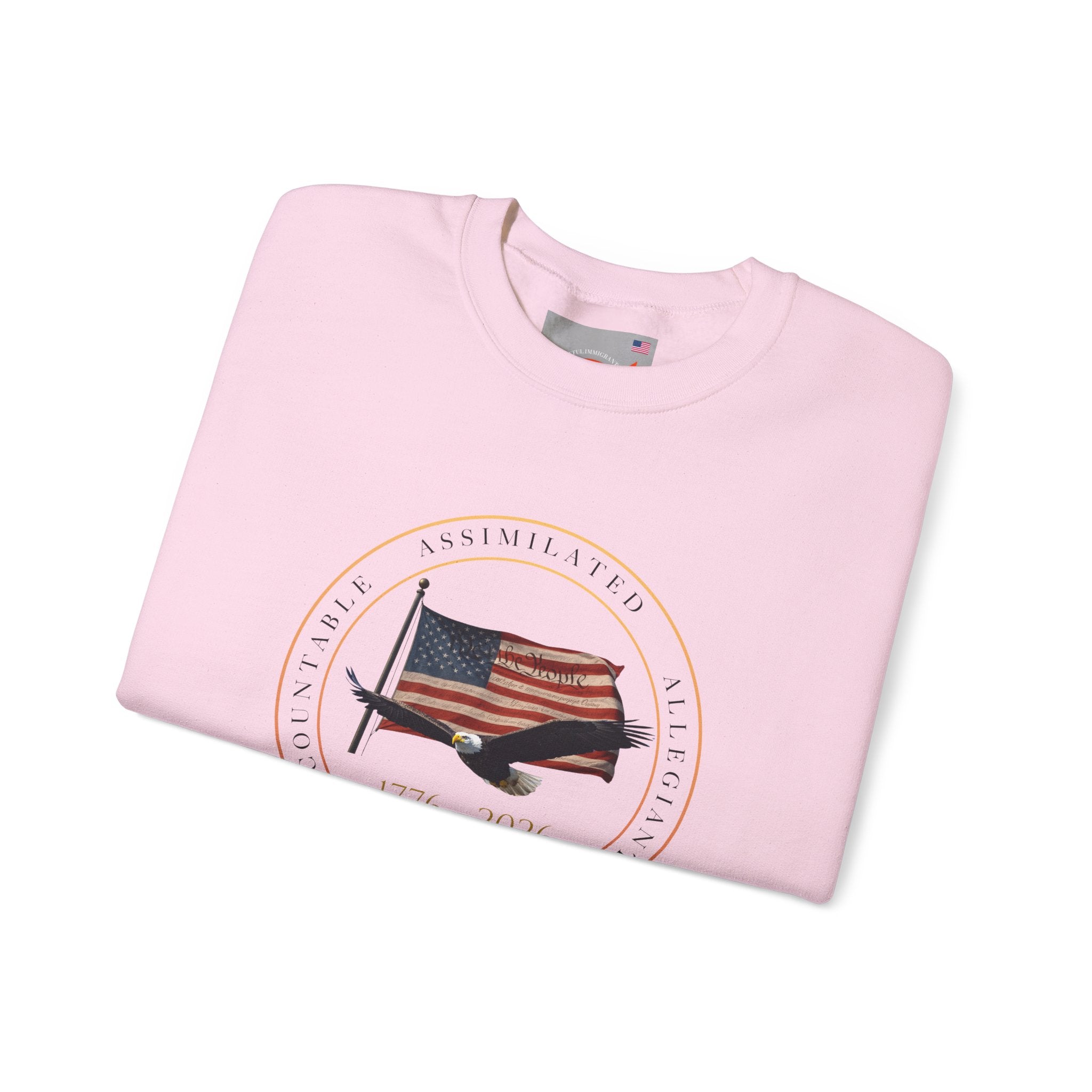 250 Grateful Seal Crewneck Sweatshirt Blk Txt — Retro American Flag '1776–2026' Circle Emblem with 'Live Grateful' Back
