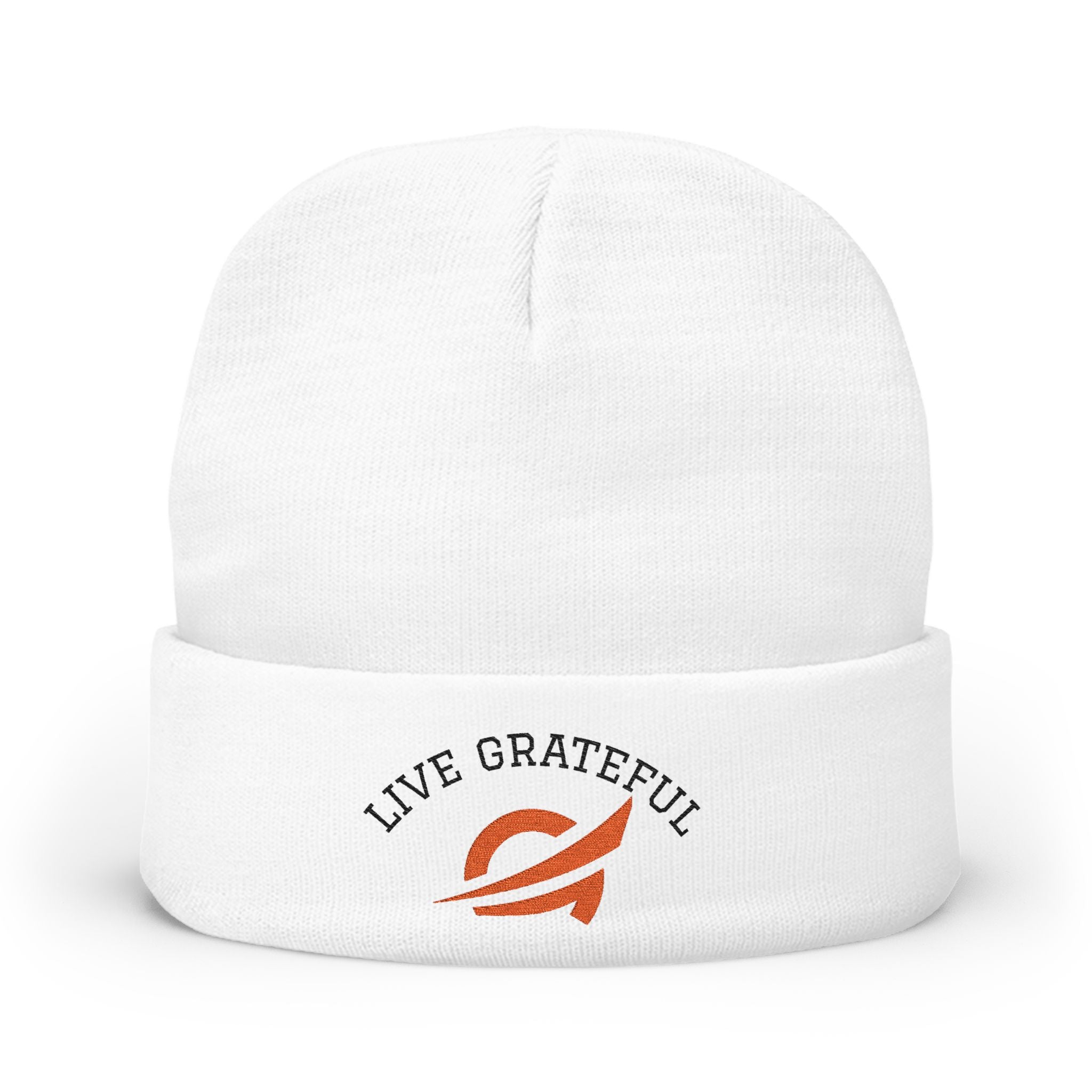 Live Grateful Embroidered Beanie — Cozy Knit Hat with Positive Message