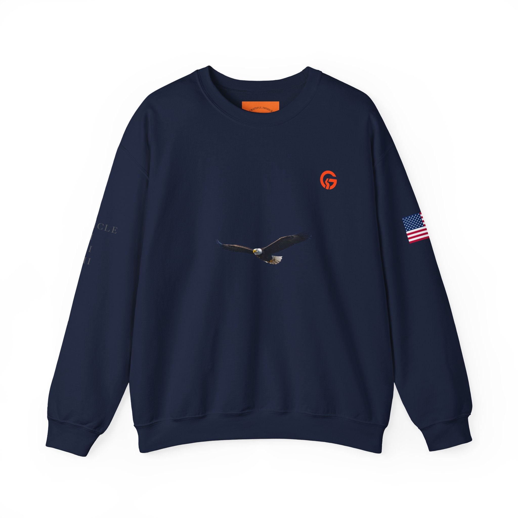 Grateful Patriotic ARTICLE, BALD EAGLE, FLAG Crewneck Sweatshirt — Minimalist Flag Sleeve Pullover