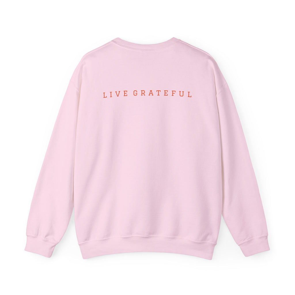 250 Grateful Seal Crewneck Sweatshirt Blk Txt — Retro American Flag '1776–2026' Circle Emblem with 'Live Grateful' Back