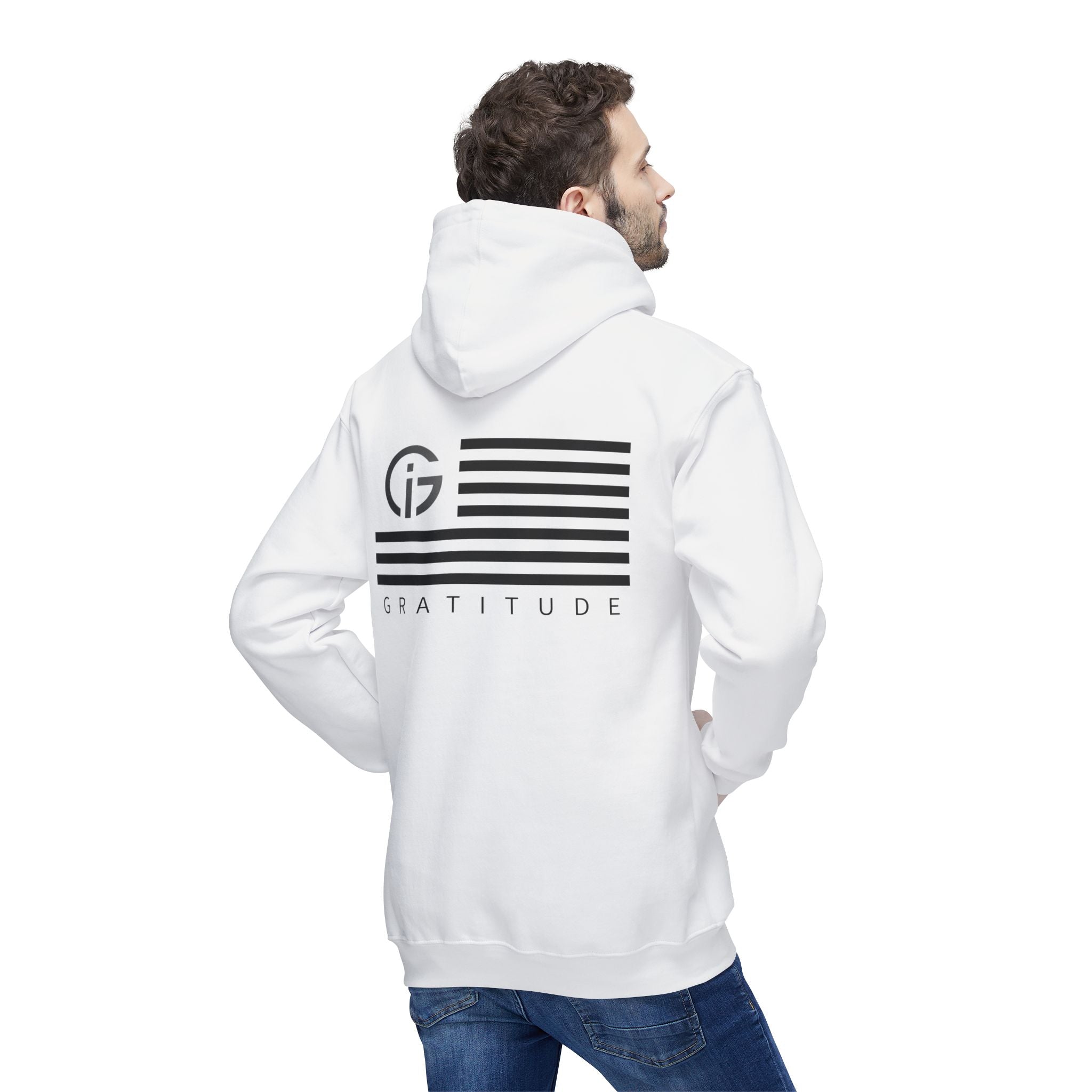 250 Years of Gratitude Flag Hoodie — Minimalist White Hooded Sweatshirt