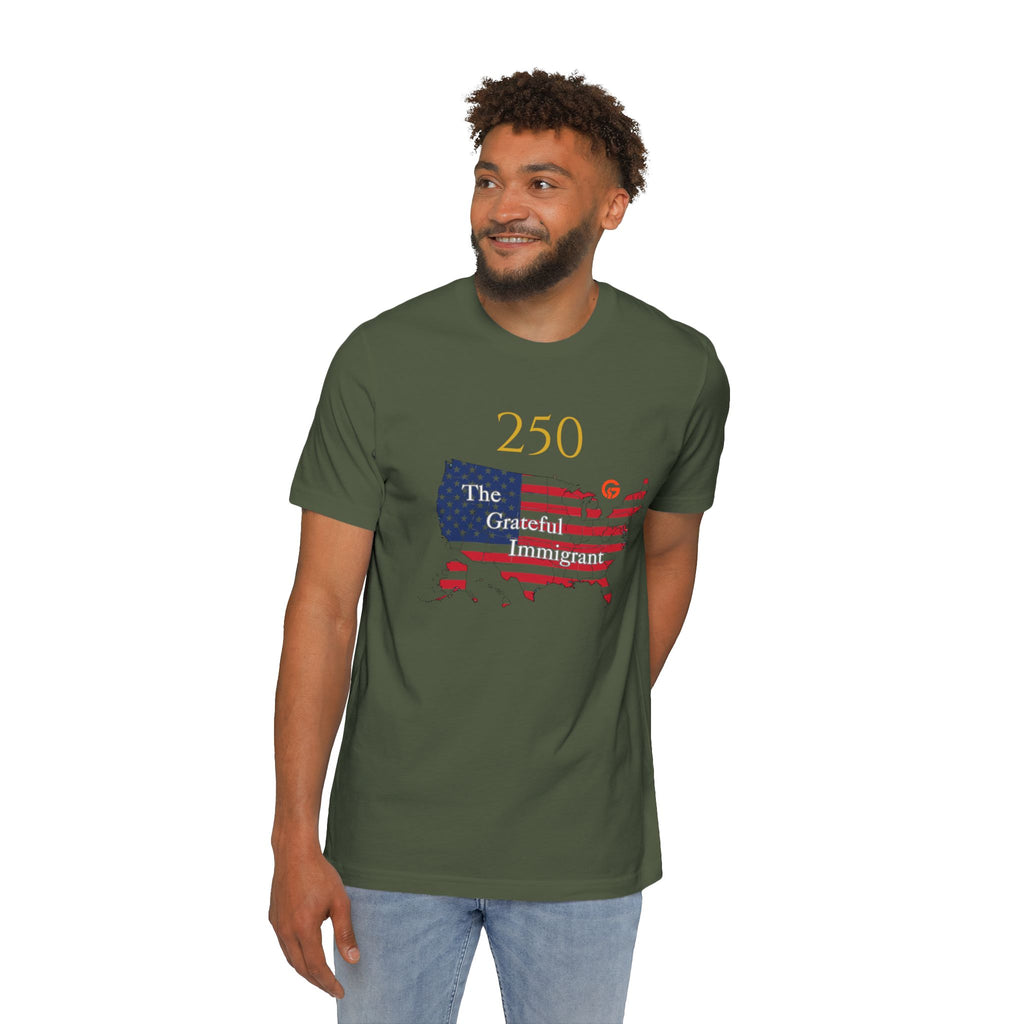 Patriotic USA Map T-Shirt — "250" Flag Design with “Live Grateful” Back