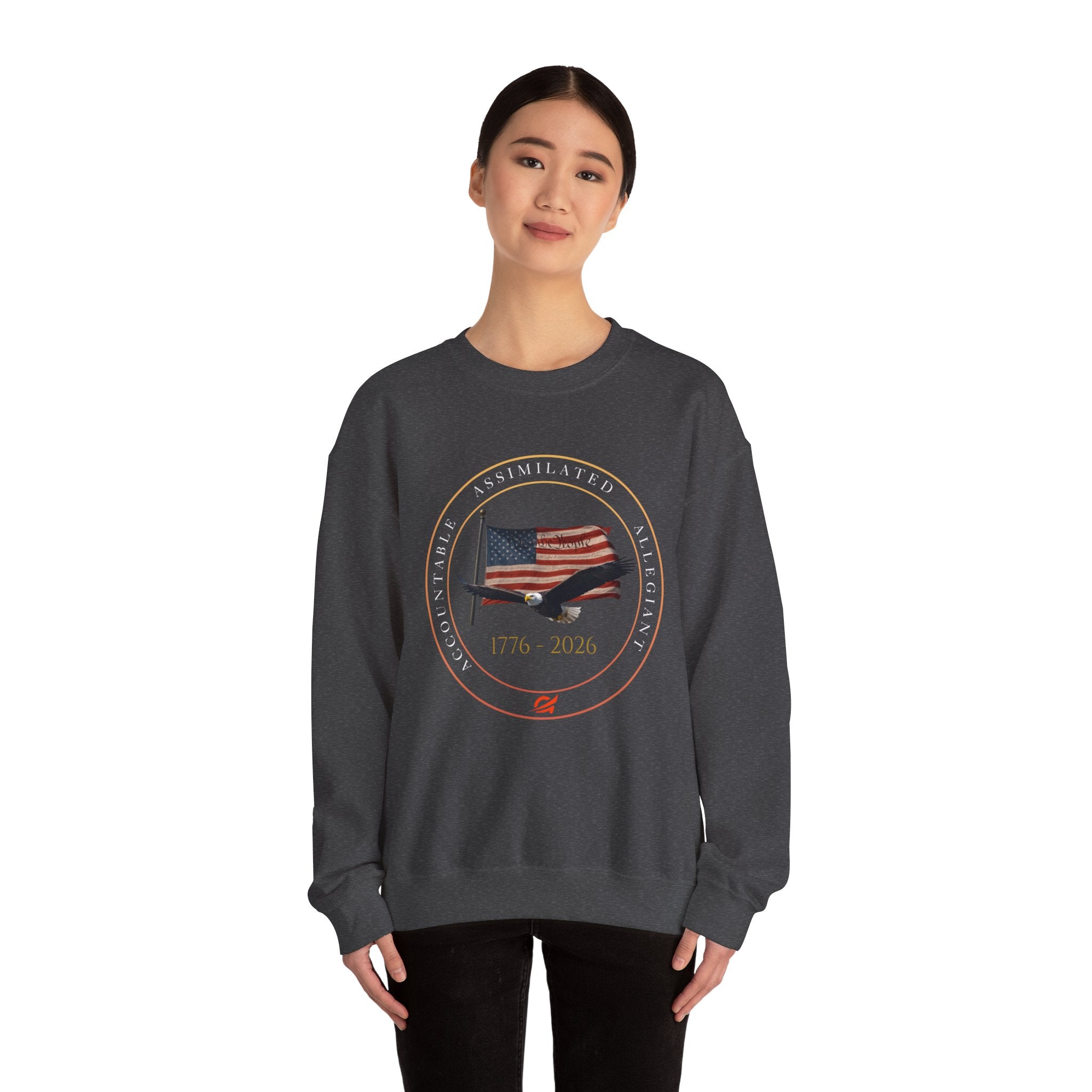 250 Grateful Seal Crewneck Sweatshirt — Retro American Flag '1776–2026' Circle Emblem with 'Live Grateful' Back