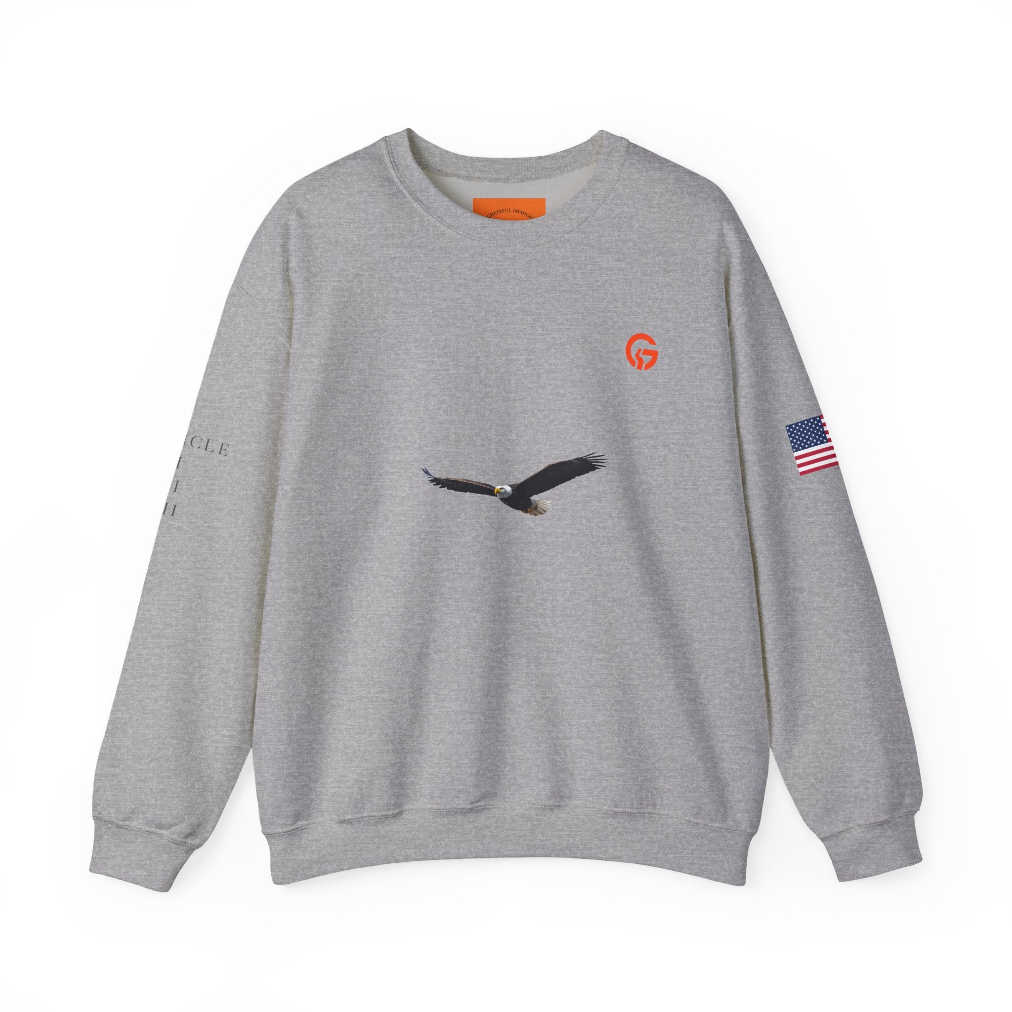 Grateful Patriotic ARTICLE, BALD EAGLE, FLAG Crewneck Sweatshirt — Minimalist Flag Sleeve Pullover