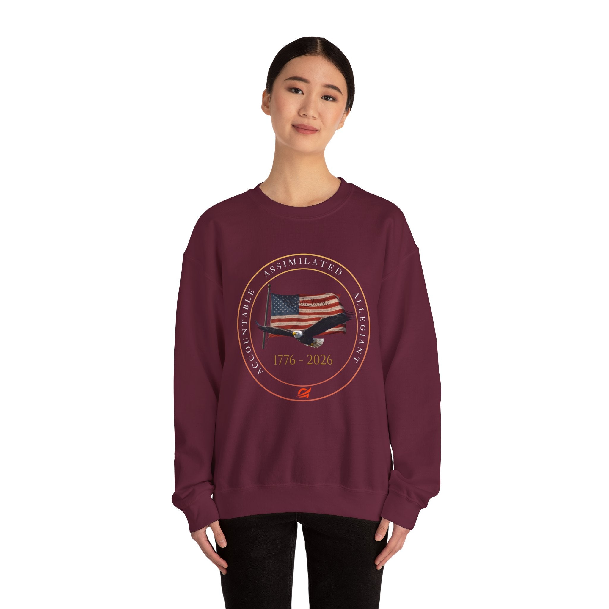 250 Grateful Seal Crewneck Sweatshirt — Retro American Flag '1776–2026' Circle Emblem with 'Live Grateful' Back