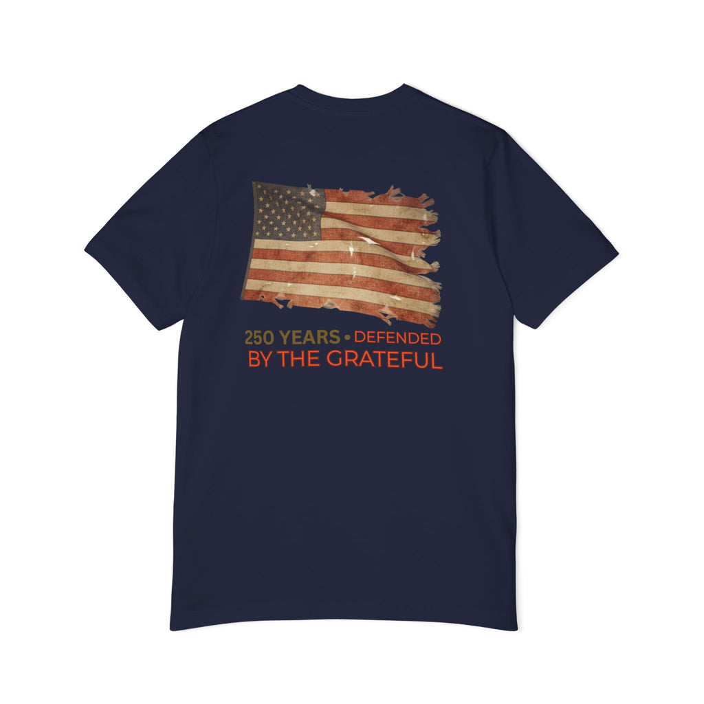 Patriotic T-Shirt — Vintage American Flag "250 Years — Defended by the Grateful"