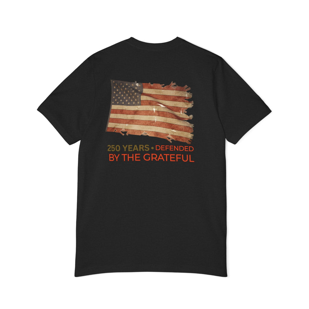 Patriotic T-Shirt — Vintage American Flag "250 Years — Defended by the Grateful"