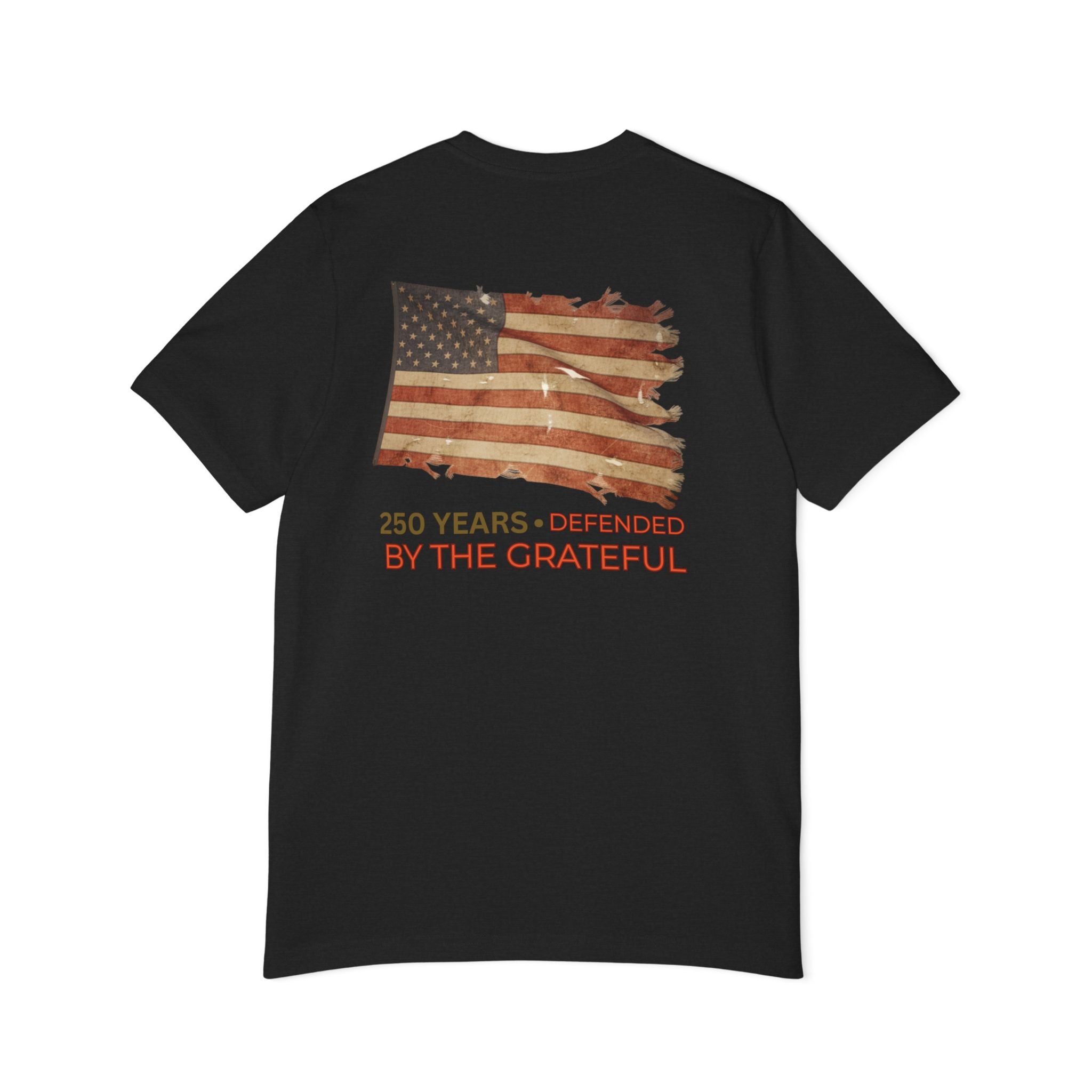 Patriotic T-Shirt — Vintage American Flag "250 Years — Defended by the Grateful"
