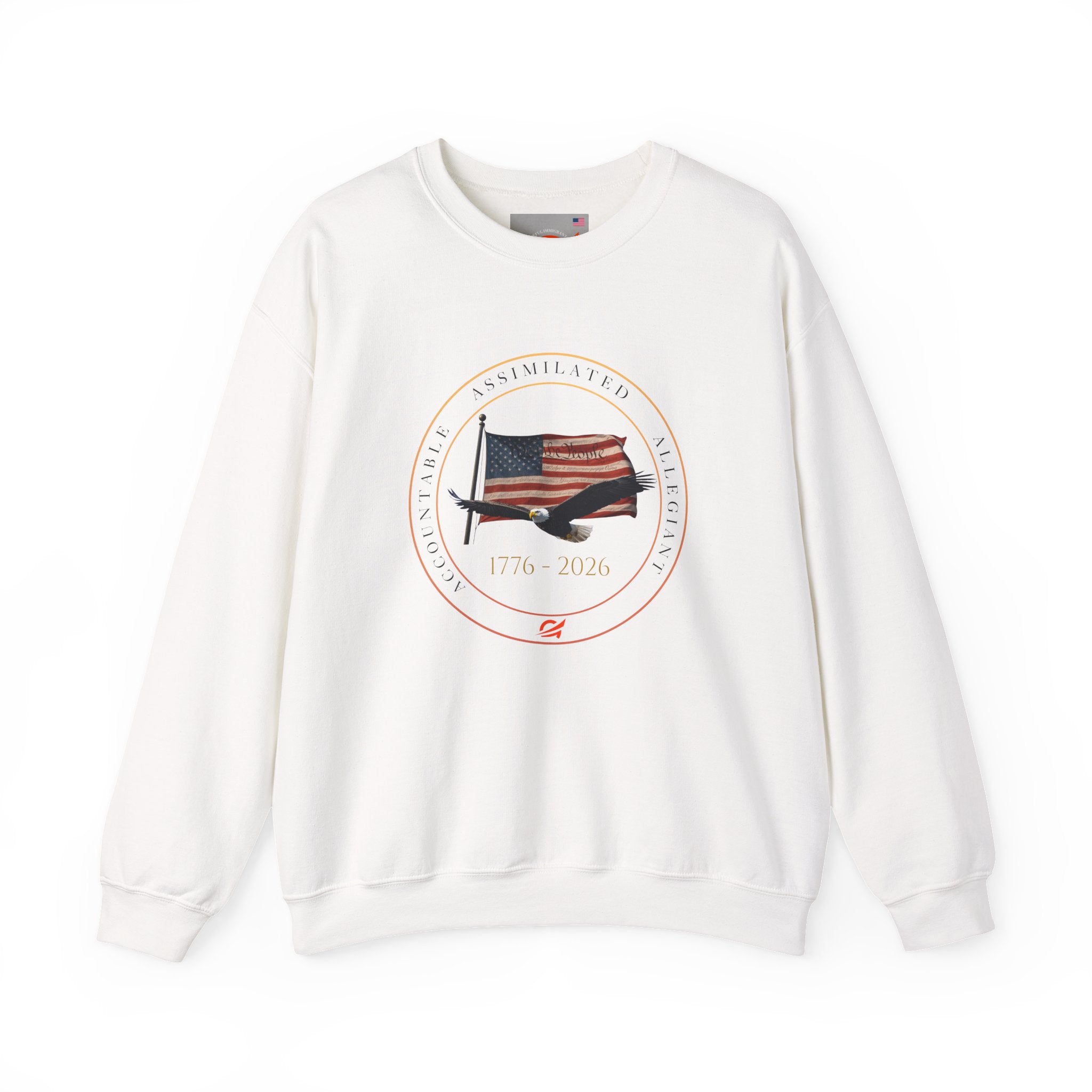 250 Grateful Seal Crewneck Sweatshirt Blk Txt — Retro American Flag '1776–2026' Circle Emblem with 'Live Grateful' Back