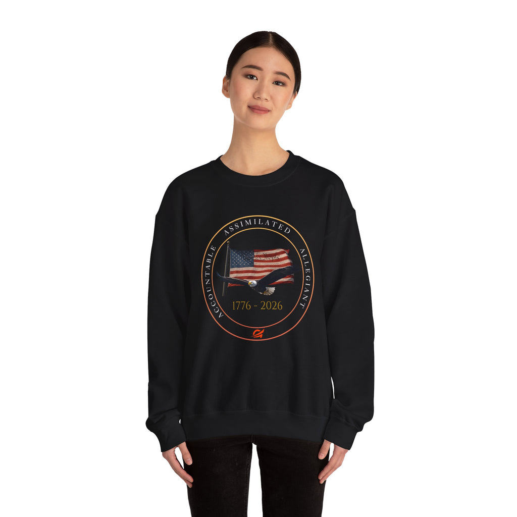 250 Grateful Seal Crewneck Sweatshirt — Retro American Flag '1776–2026' Circle Emblem with 'Live Grateful' Back