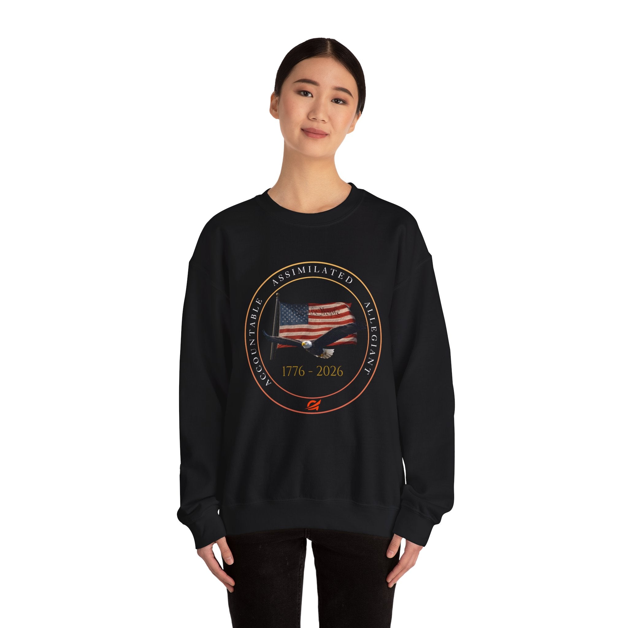 250 Grateful Seal Crewneck Sweatshirt — Retro American Flag '1776–2026' Circle Emblem with 'Live Grateful' Back