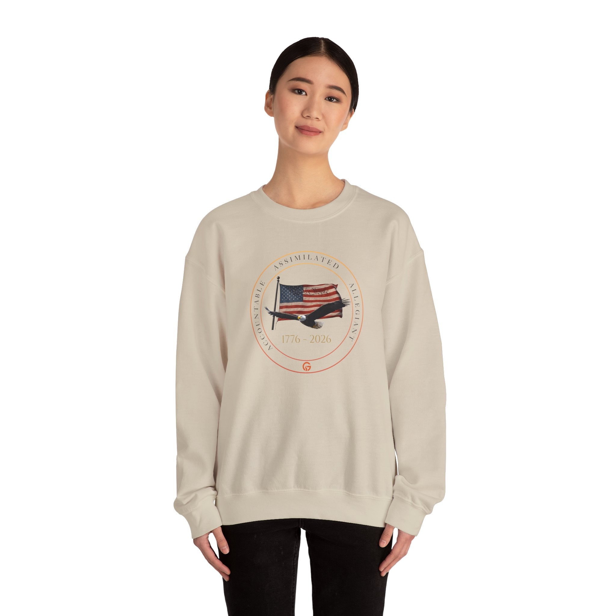 250 Grateful Crewneck Sweatshirt Blk Txt — Retro American Flag '1776–2026' Circle Emblem with 'Live Grateful' Back