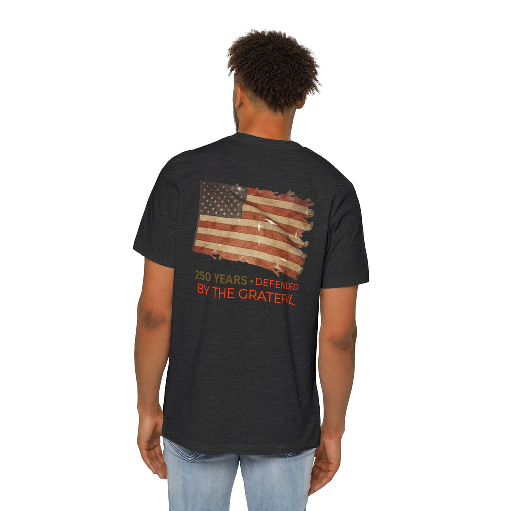 Patriotic T-Shirt — Vintage American Flag "250 Years — Defended by the Grateful"