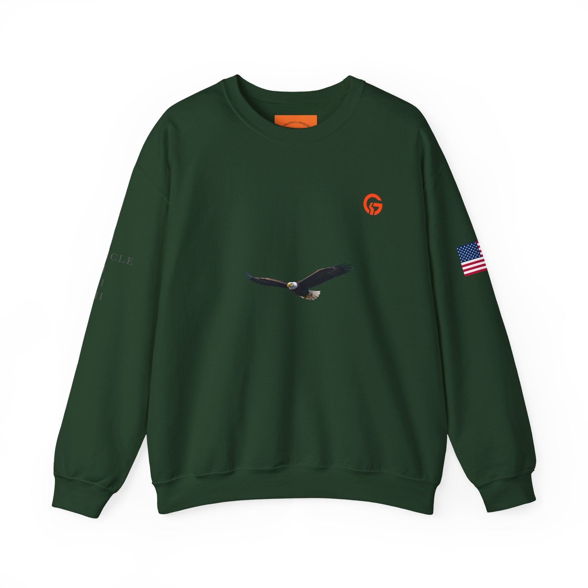 Grateful Patriotic ARTICLE, BALD EAGLE, FLAG Crewneck Sweatshirt — Minimalist Flag Sleeve Pullover