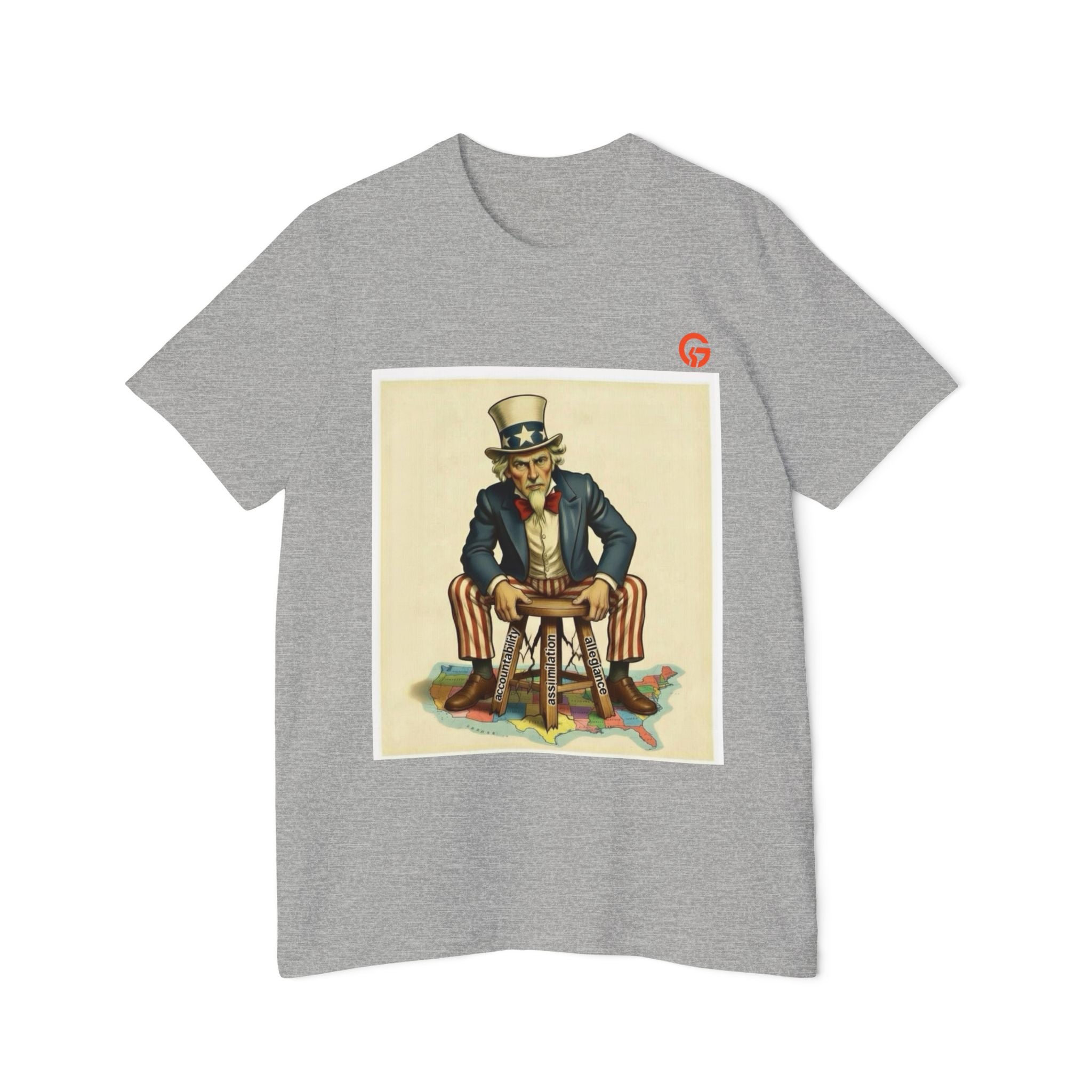 USA-Made Uncle Sam on Cracking Stool of Accountability - Assimilation - Allegiance