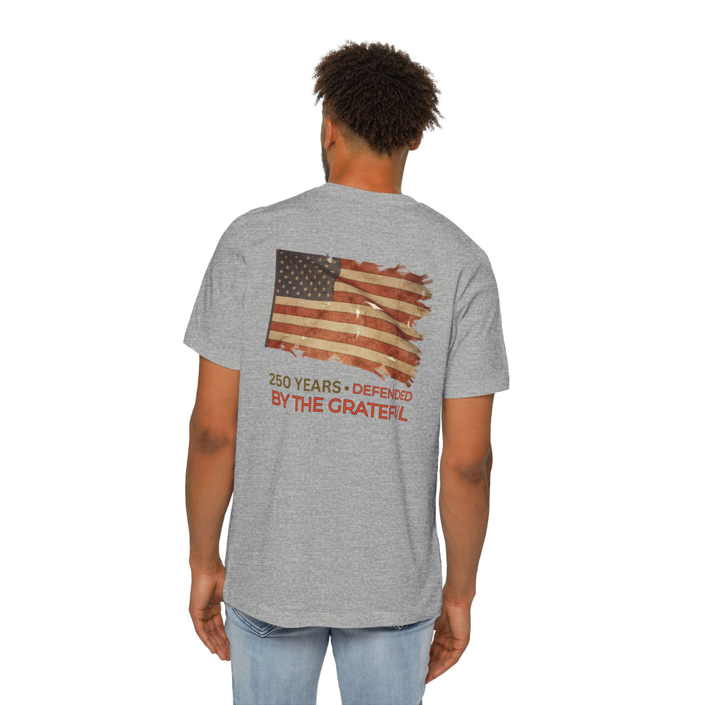 Patriotic T-Shirt — Vintage American Flag "250 Years — Defended by the Grateful"