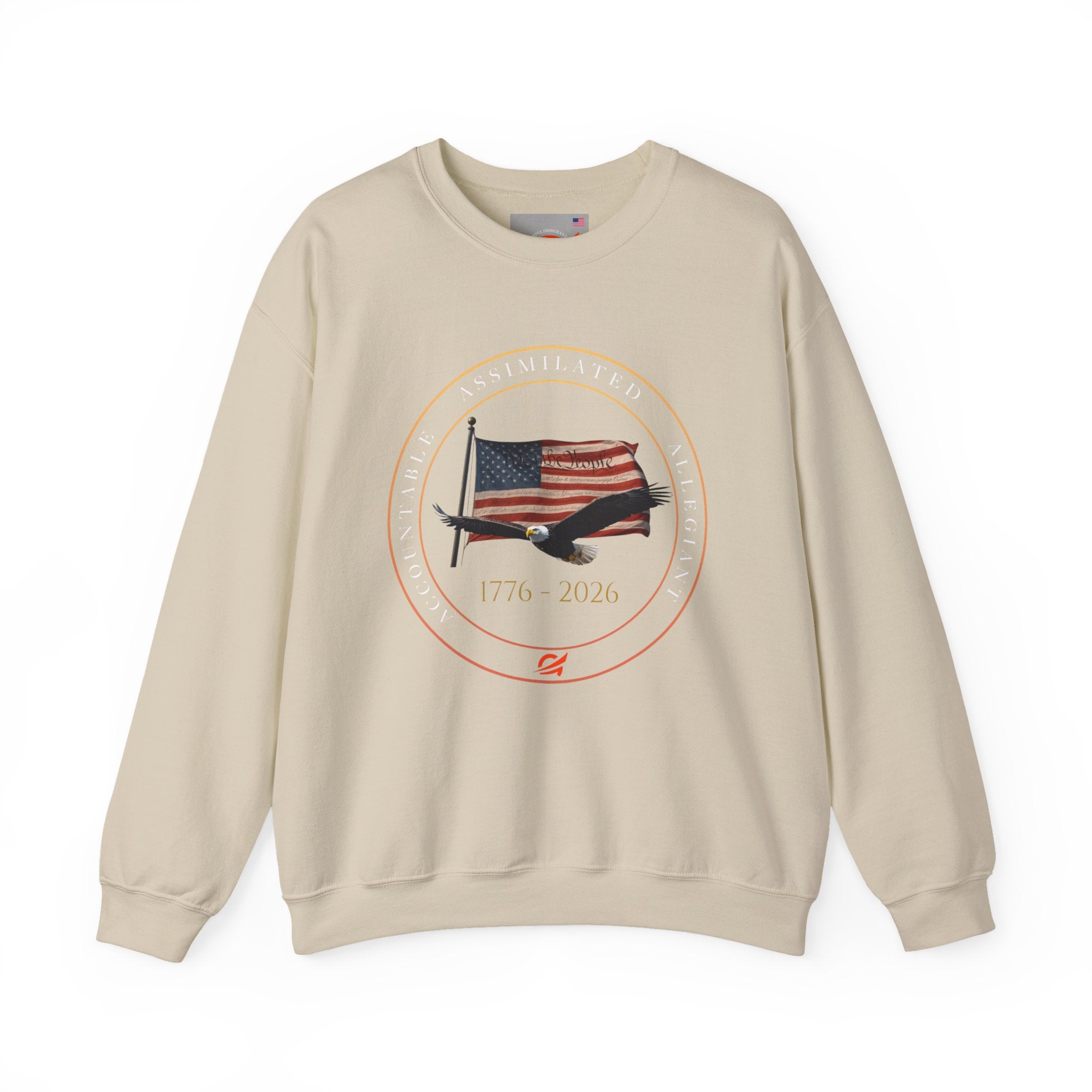 250 Grateful Seal Crewneck Sweatshirt — Retro American Flag '1776–2026' Circle Emblem with 'Live Grateful' Back