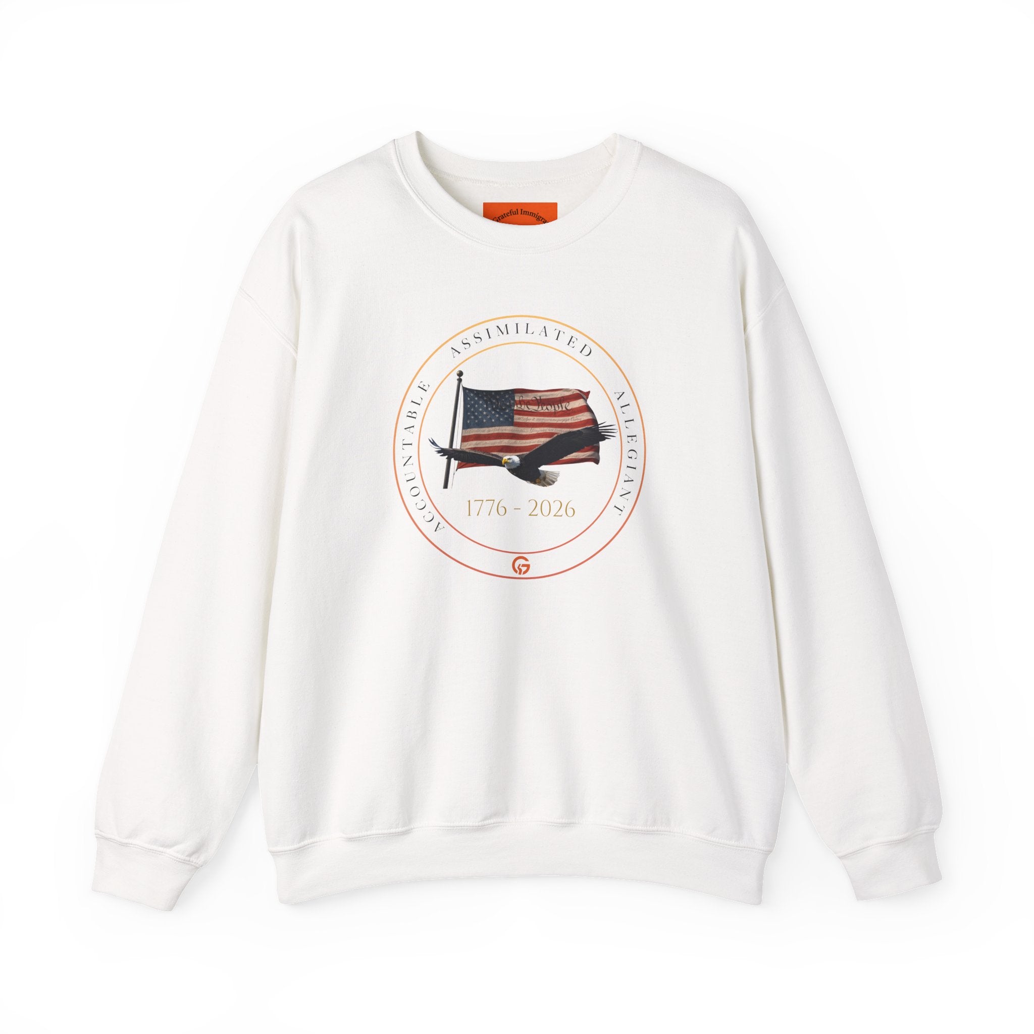 250 Grateful Crewneck Sweatshirt Blk Txt — Retro American Flag '1776–2026' Circle Emblem with 'Live Grateful' Back