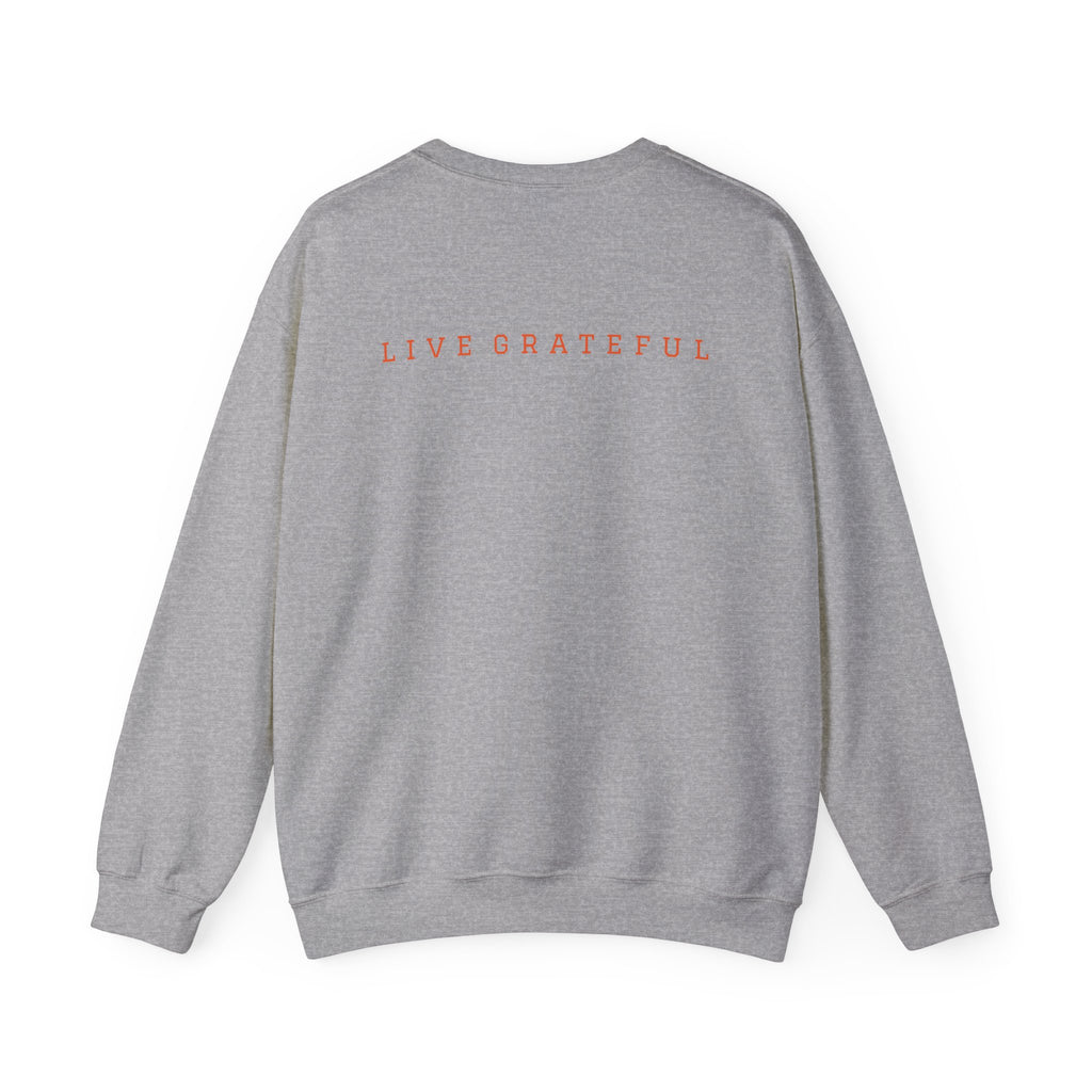 250 Grateful Seal Crewneck Sweatshirt Blk Txt — Retro American Flag '1776–2026' Circle Emblem with 'Live Grateful' Back