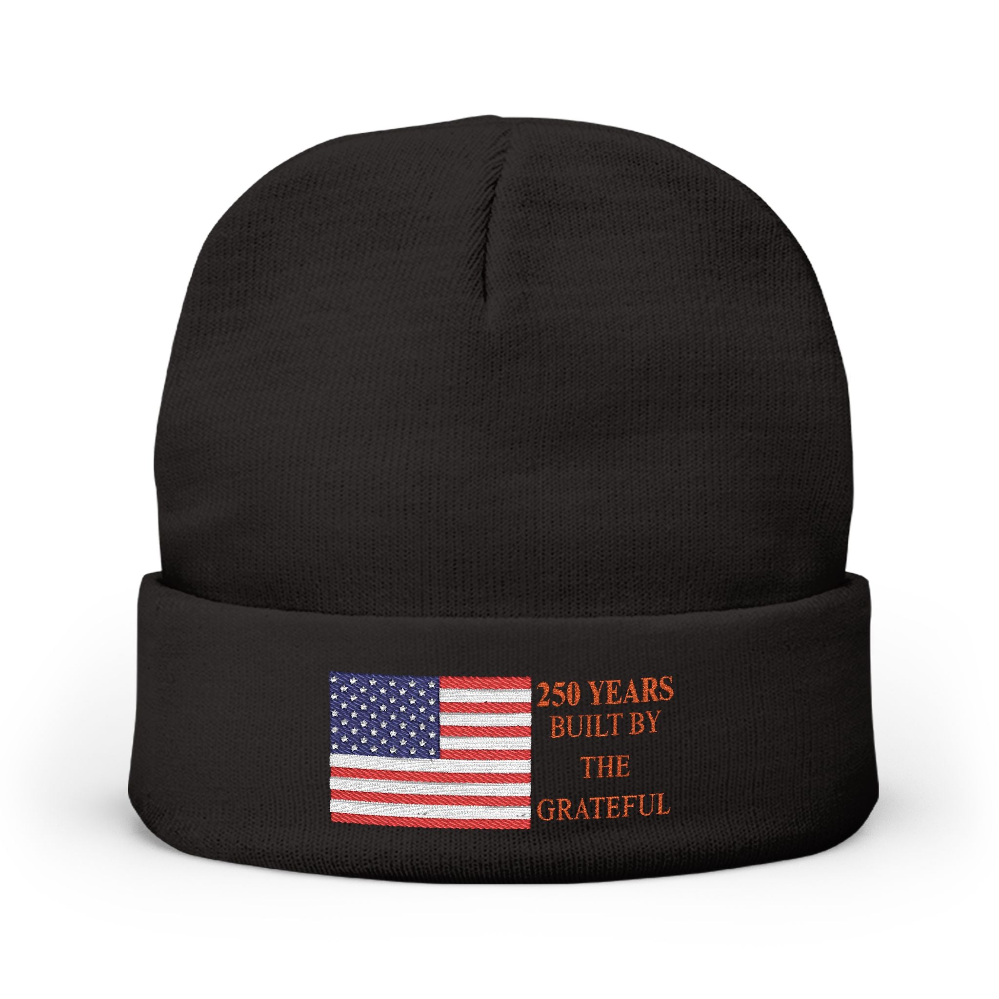 Embroidered American Flag Beanie — 250 Years USA Anniversary Knit Hat