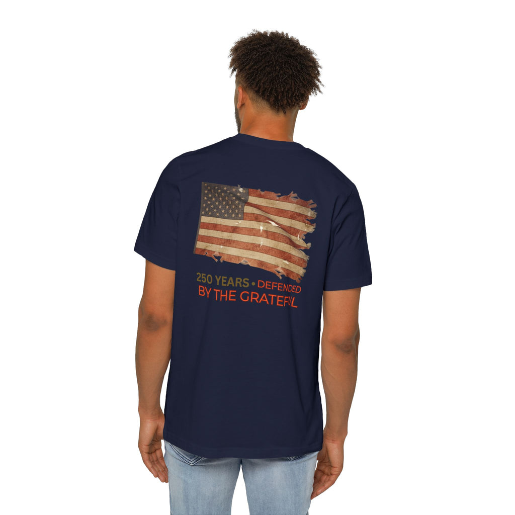 Patriotic T-Shirt — Vintage American Flag "250 Years — Defended by the Grateful"