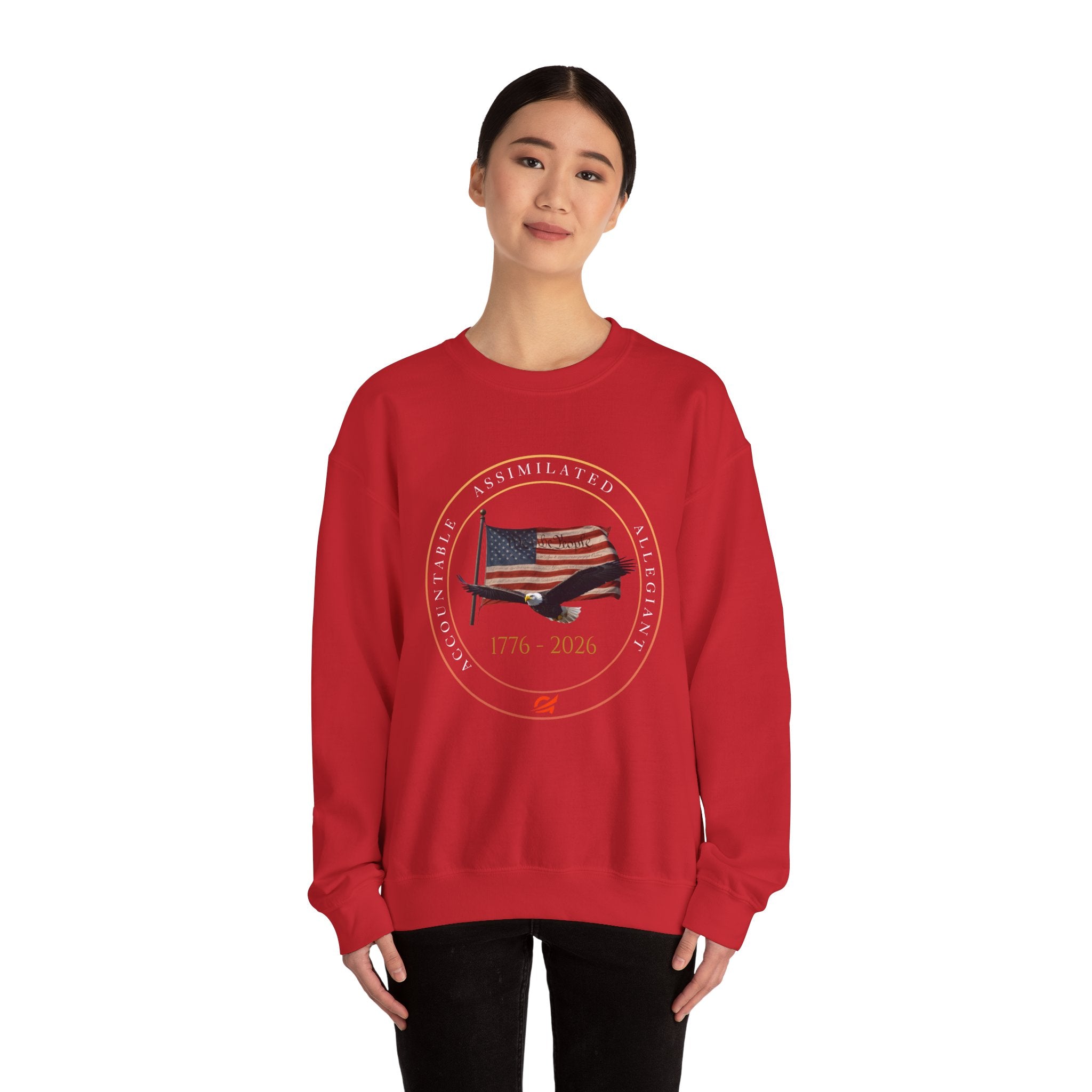 250 Grateful Seal Crewneck Sweatshirt — Retro American Flag '1776–2026' Circle Emblem with 'Live Grateful' Back
