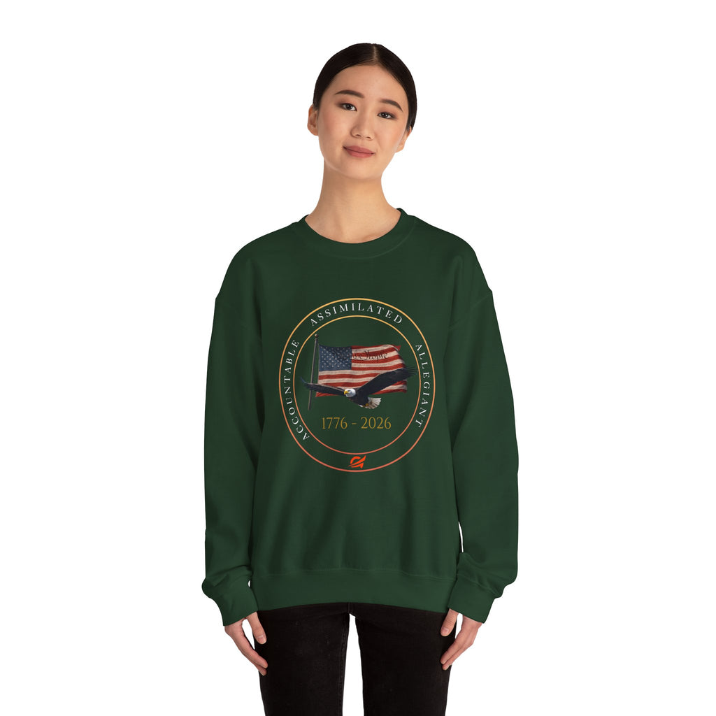250 Grateful Seal Crewneck Sweatshirt — Retro American Flag '1776–2026' Circle Emblem with 'Live Grateful' Back