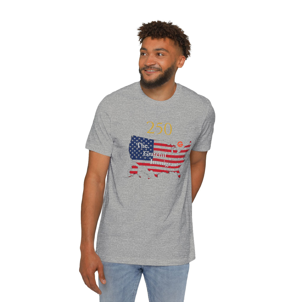 Patriotic USA Map T-Shirt — "250" Flag Design with “Live Grateful” Back