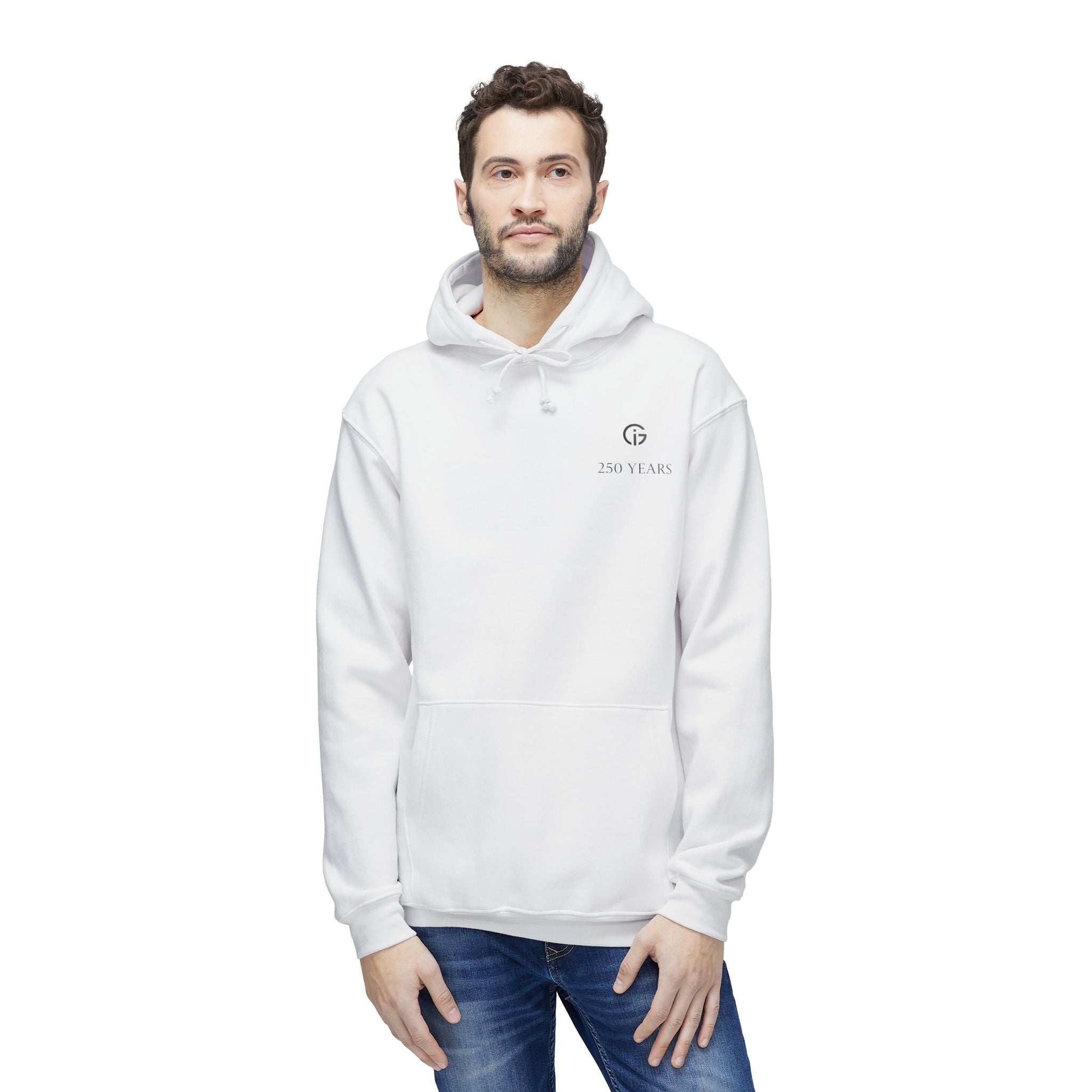 250 Years of Gratitude Flag Hoodie — Minimalist White Hooded Sweatshirt